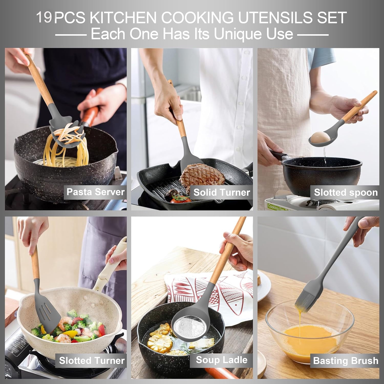Silicone Cooking Utensils Set, 19Pcs Non-Stick Heat Resistant Kitchen Utensils Spatula Set with Stainless Steel Chef's Knife Set, Cooking, Mixing, Best Kitchen Gadgets Tools with Holder (Grey) - Image 2