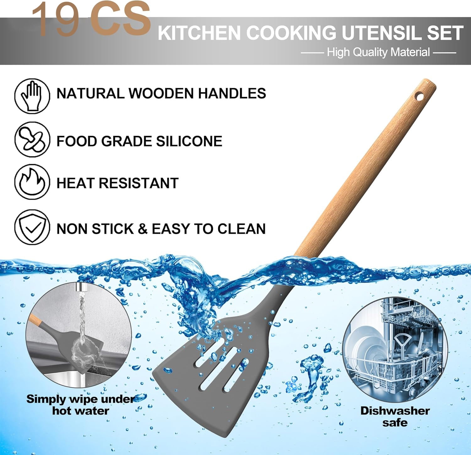 Silicone Cooking Utensils Set, 19Pcs Non-Stick Heat Resistant Kitchen Utensils Spatula Set with Stainless Steel Chef's Knife Set, Cooking, Mixing, Best Kitchen Gadgets Tools with Holder (Grey) - Image 5