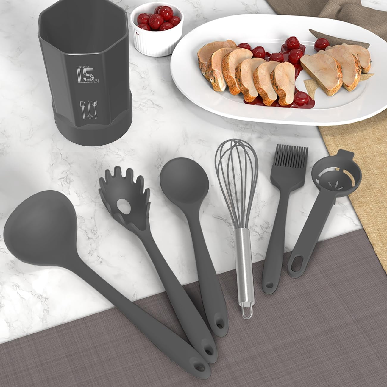 Silicone Cooking Utensils Set - 446°F Heat Resistant Kitchen Utensils,Turner Tongs,Spatula,Spoon,Brush,Whisk,Kitchen Utensil Gadgets Tools Set for Nonstick Cookware,Dishwasher Safe (BPA Free) - Image 4