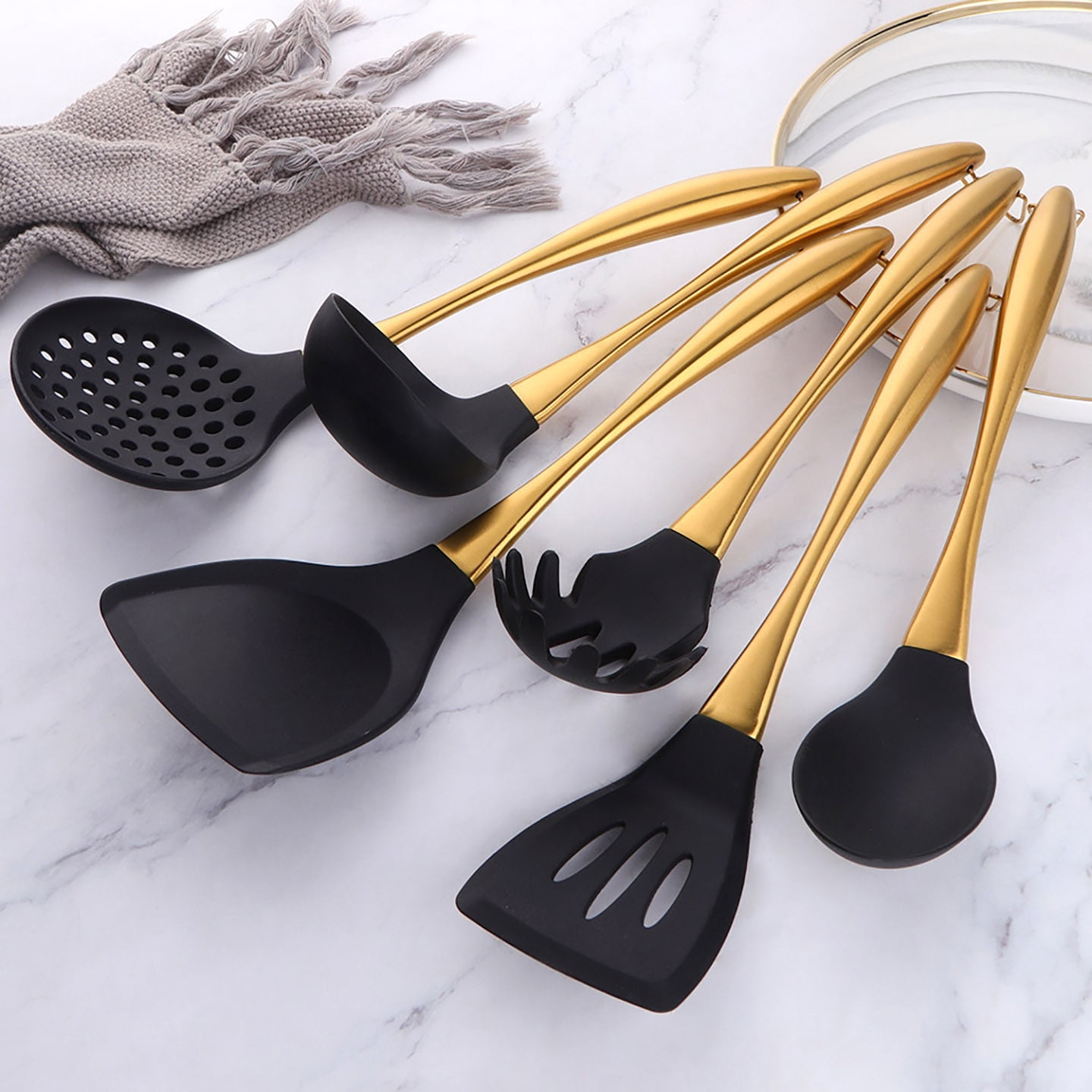 Silicone Cooking Utensils Set, 6-Piece Non-Stick Kitchen Utensil Set with Titanium Stainless Steel Handles & Holder, Spatula, Spoon, Tongs for Baking, Grilling & Frying - Dishwasher Safe, Rainbow - Image 3