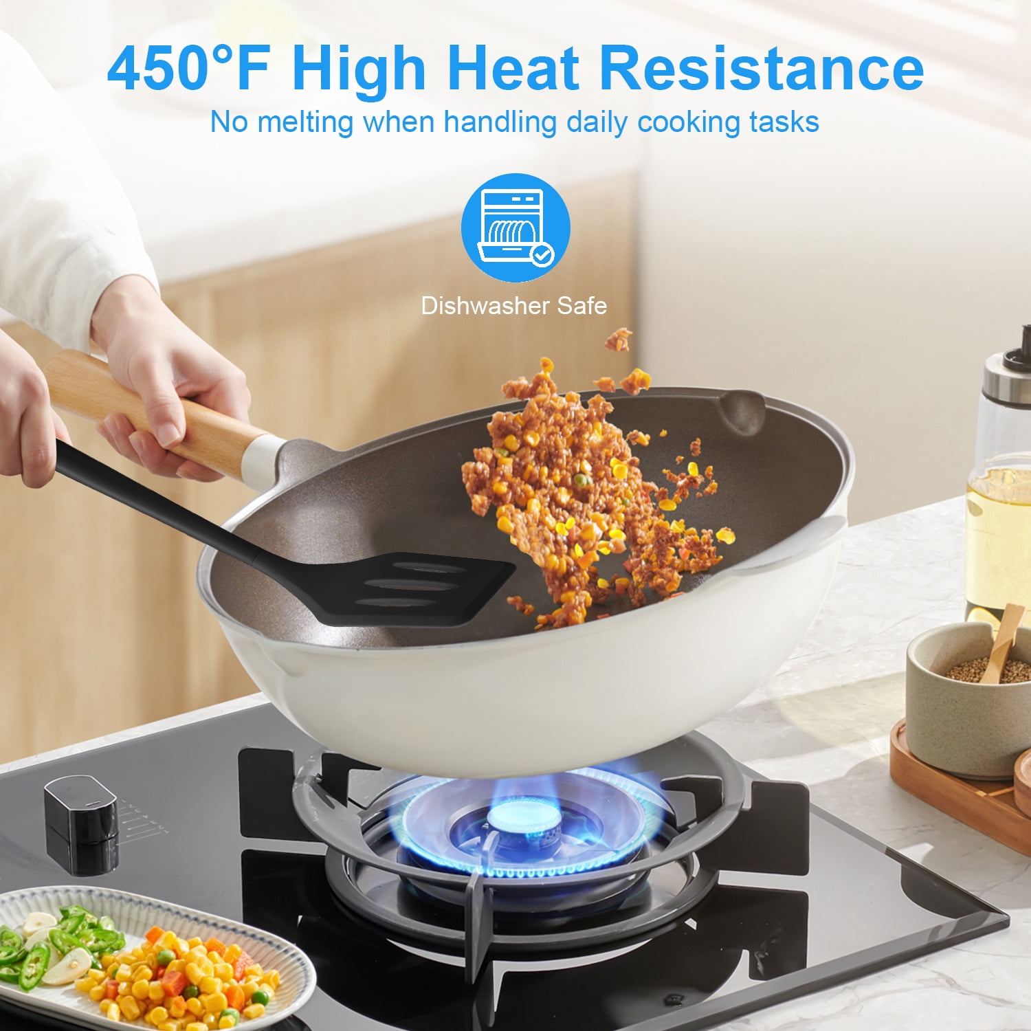 Silicone Cooking Utensils Sets,AILKIN 5-Piece Kitchen Utensil Set 600°F Heat Resistant Non-stick Rubber Cookware Kitchen Silicone Cooking Utensils with Spatulas,Whisk,BPA Free,Black - Image 3