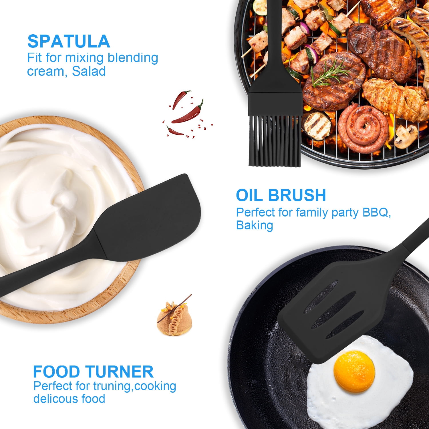 Silicone Cooking Utensils Sets,AILKIN 5-Piece Kitchen Utensil Set 600°F Heat Resistant Non-stick Rubber Cookware Kitchen Silicone Cooking Utensils with Spatulas,Whisk,BPA Free,Black - Image 5