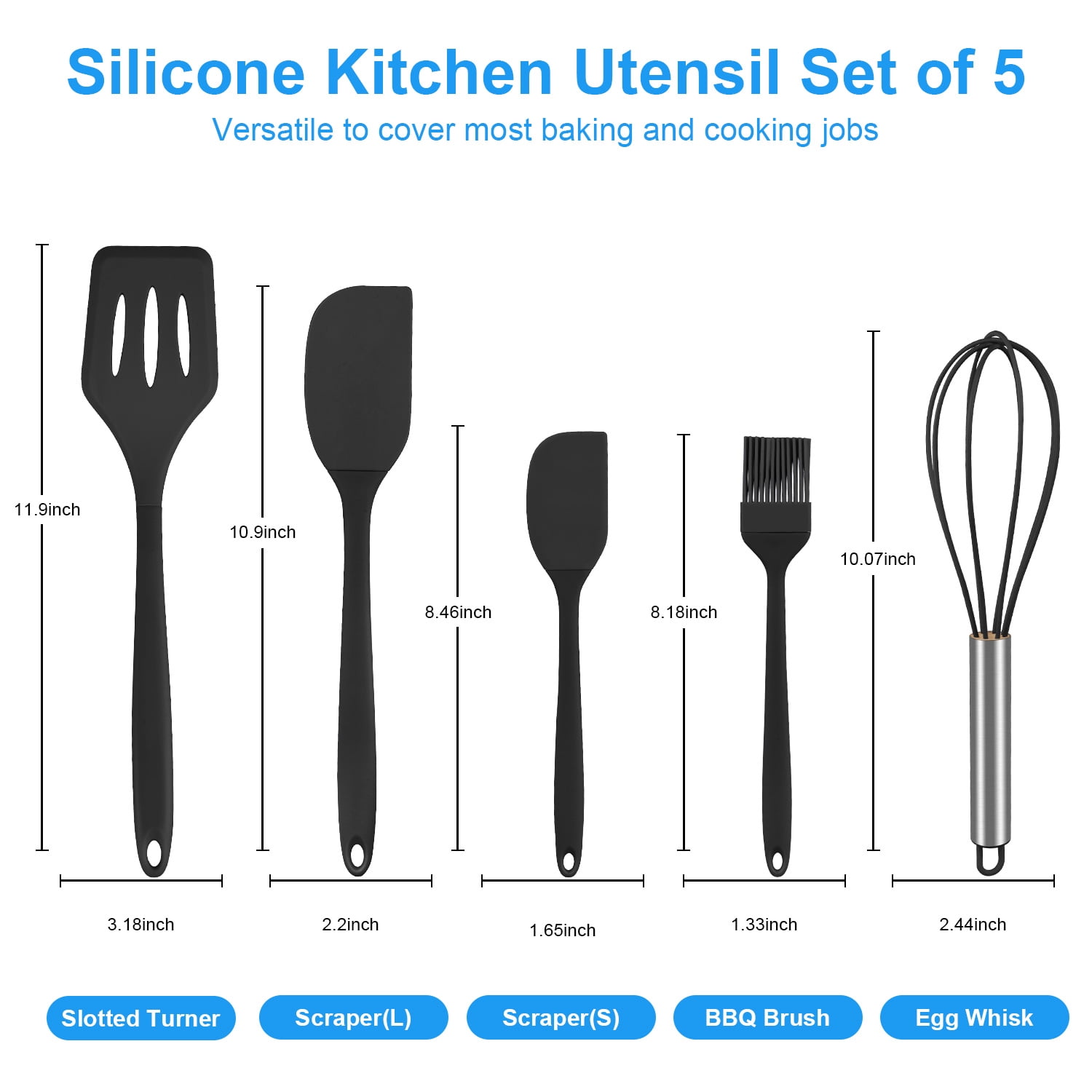 Silicone Cooking Utensils Sets,AILKIN 5-Piece Kitchen Utensil Set 600°F Heat Resistant Non-stick Rubber Cookware Kitchen Silicone Cooking Utensils with Spatulas,Whisk,BPA Free,Black - Image 4