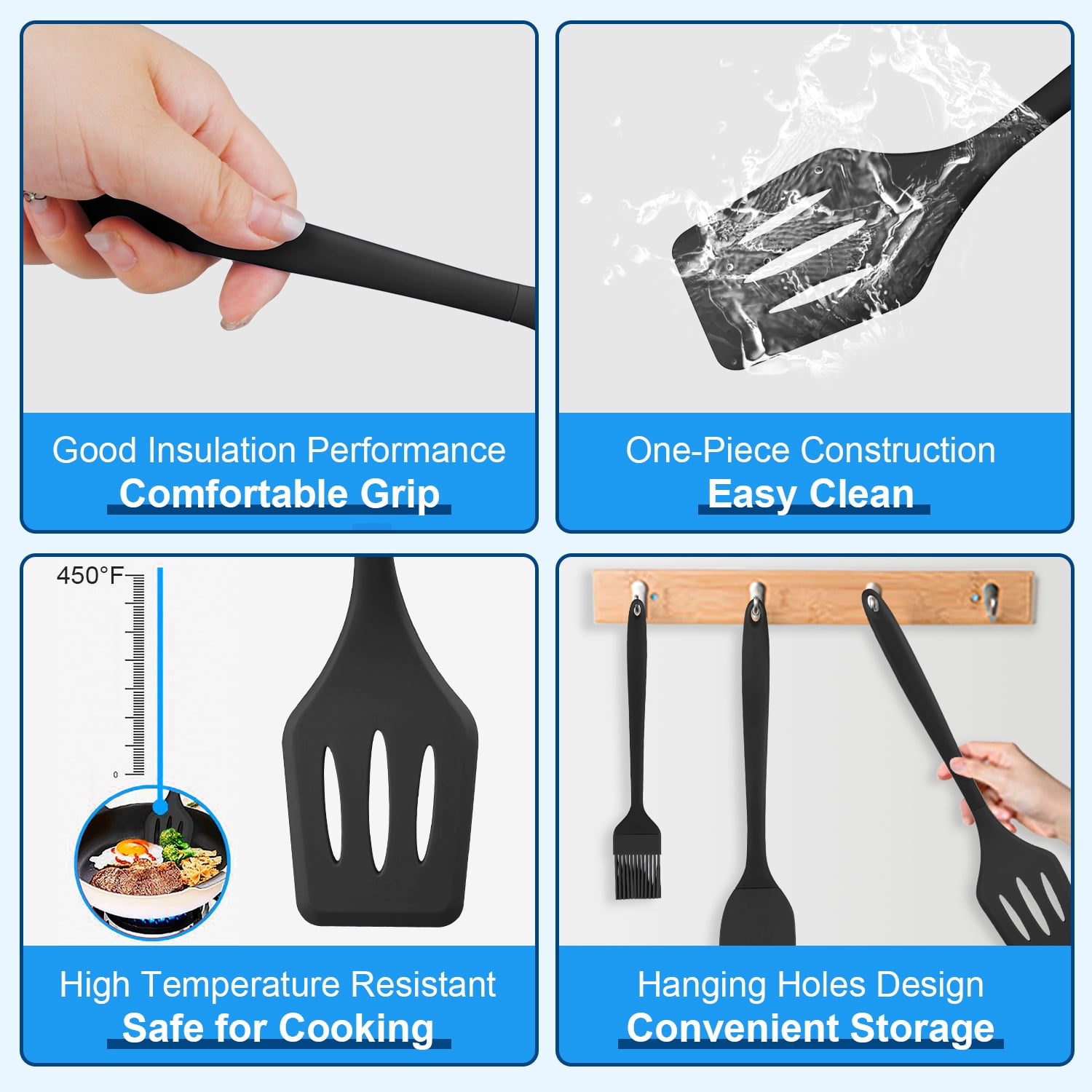 Silicone Cooking Utensils Sets,AILKIN 5-Piece Kitchen Utensil Set 600°F Heat Resistant Non-stick Rubber Cookware Kitchen Silicone Cooking Utensils with Spatulas,Whisk,BPA Free,Black - Image 2