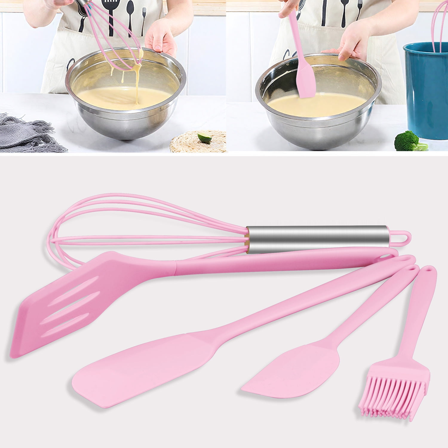 Silicone Cooking Utensils Sets,AILKIN 5-Piece Kitchen Utensil Set 600°F Heat Resistant Non-stick Rubber Cookware Kitchen Silicone Cooking Utensils with Spatulas,Whisk,BPA Free,Pink - Image 5
