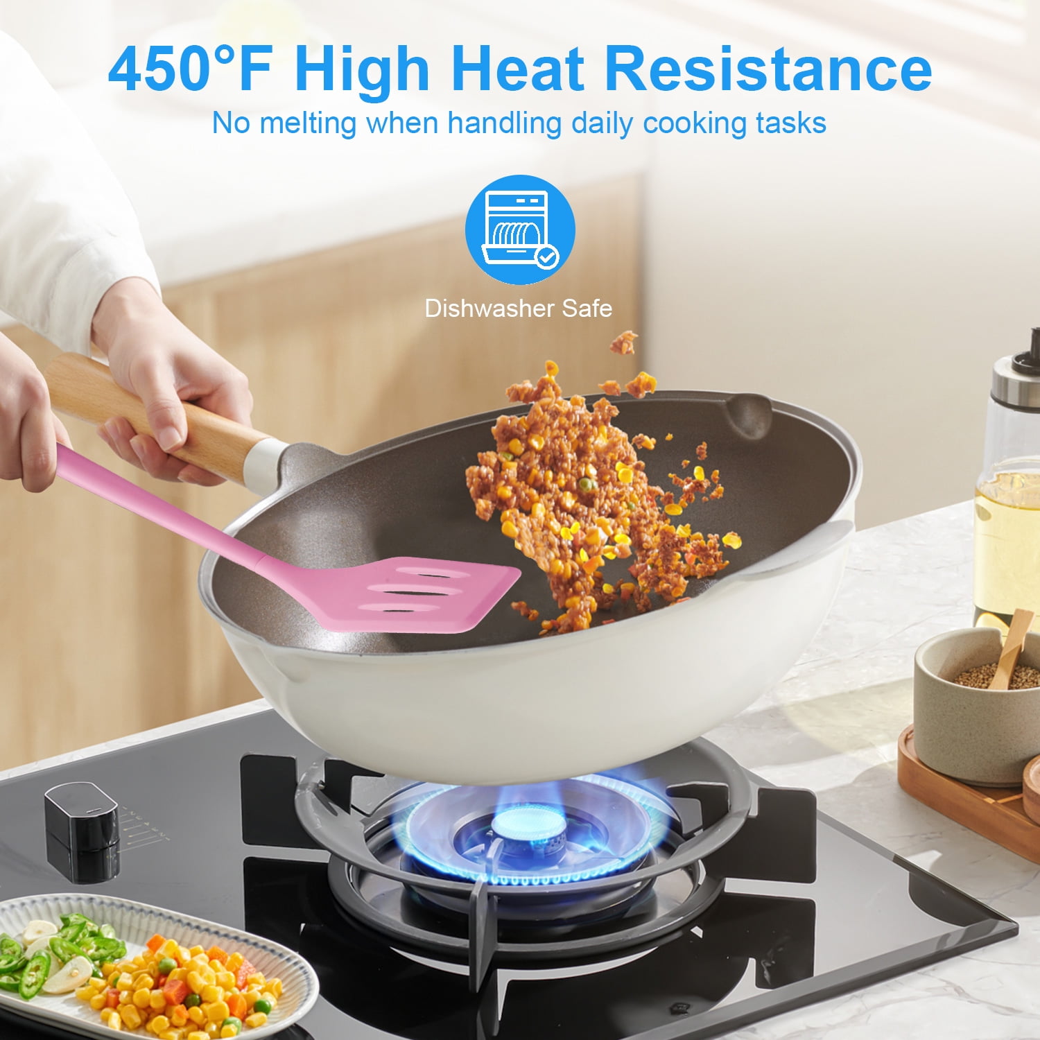 Silicone Cooking Utensils Sets,AILKIN 5-Piece Kitchen Utensil Set 600°F Heat Resistant Non-stick Rubber Cookware Kitchen Silicone Cooking Utensils with Spatulas,Whisk,BPA Free,Pink - Image 3