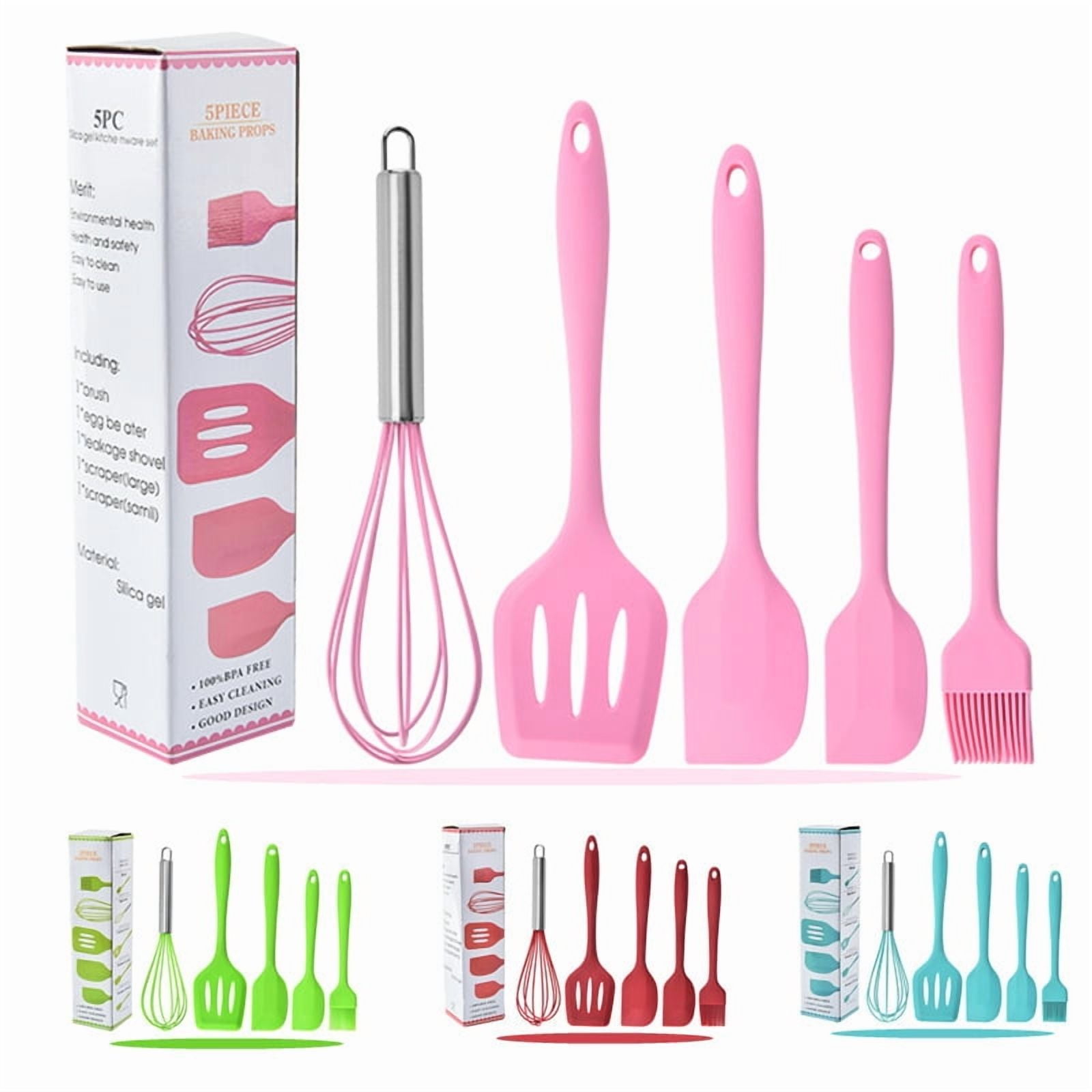 Silicone Cooking Utensils Sets,AILKIN 5-Piece Kitchen Utensil Set 600°F Heat Resistant Non-stick Rubber Cookware Kitchen Silicone Cooking Utensils with Spatulas,Whisk,BPA Free,Pink