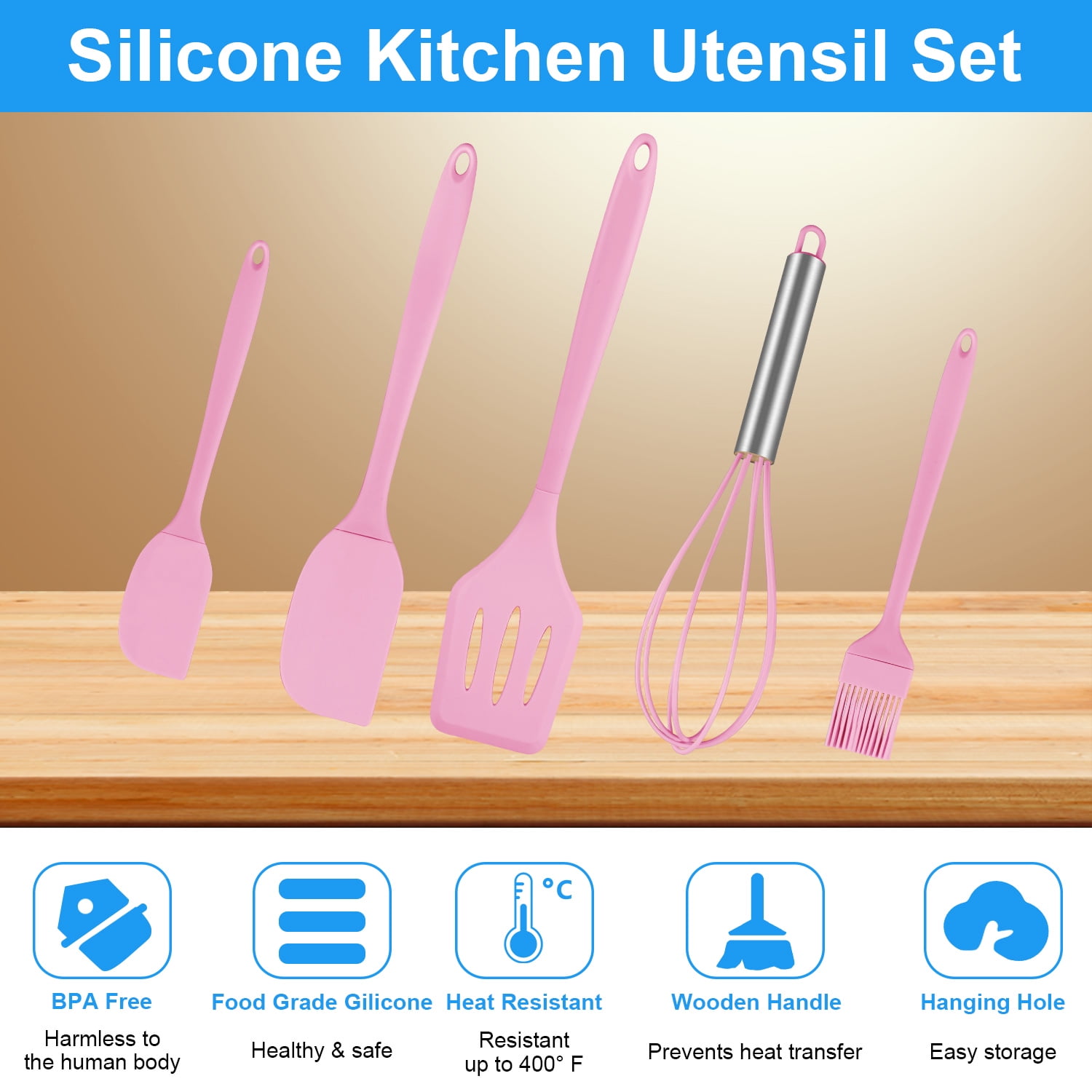 Silicone Cooking Utensils Sets,AILKIN 5-Piece Kitchen Utensil Set 600°F Heat Resistant Non-stick Rubber Cookware Kitchen Silicone Cooking Utensils with Spatulas,Whisk,BPA Free,Pink - Image 4