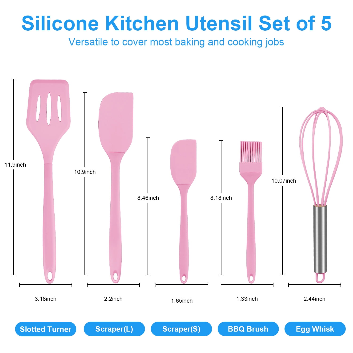 Silicone Cooking Utensils Sets,AILKIN 5-Piece Kitchen Utensil Set 600°F Heat Resistant Non-stick Rubber Cookware Kitchen Silicone Cooking Utensils with Spatulas,Whisk,BPA Free,Pink - Image 2