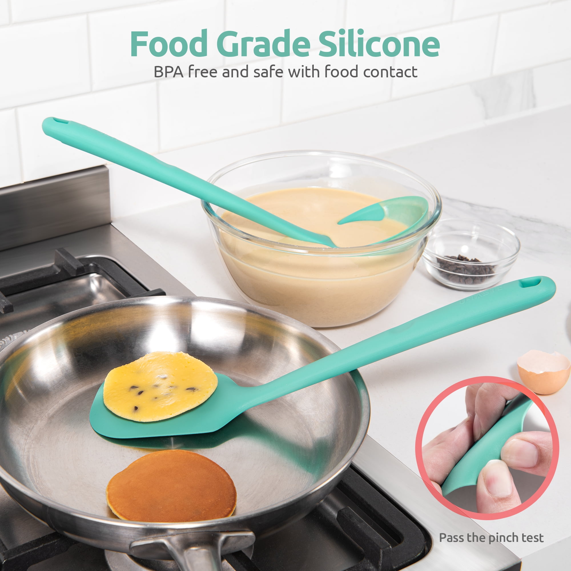 Silicone Kitchen Cooking Utensil Set: U-Taste 446°F Heat Resistant 13.6in Long Kitchen Gadget, BPA Free Non Stick Rubber Cook Accessories For Stir Fry, Serving, Basting, Mixing (5 Pieces, Aqua Sky) - Image 3