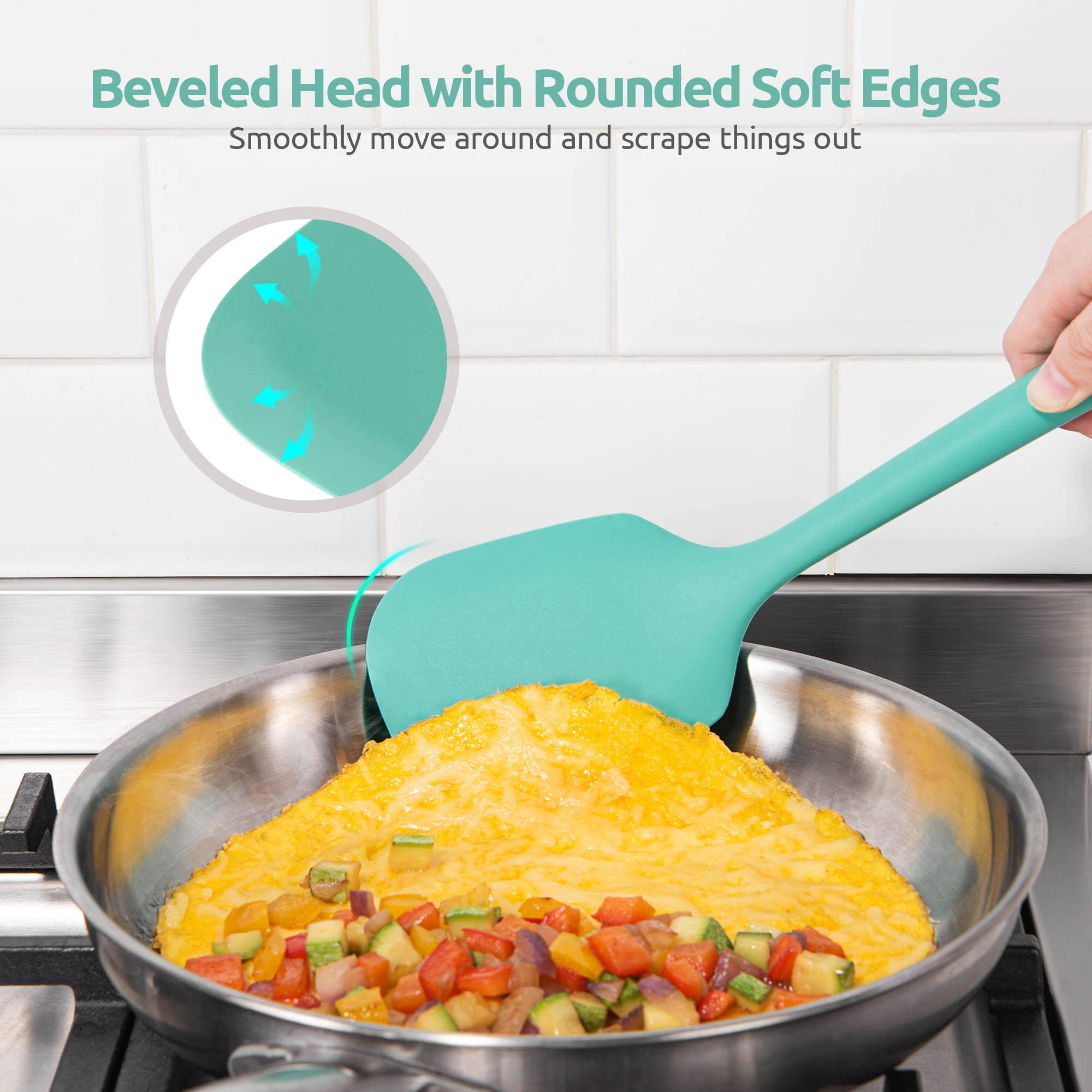 Silicone Kitchen Cooking Utensil Set: U-Taste 446°F Heat Resistant 13.6in Long Kitchen Gadget, BPA Free Non Stick Rubber Cook Accessories For Stir Fry, Serving, Basting, Mixing (5 Pieces, Aqua Sky) - Image 4