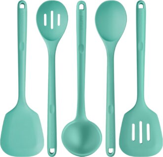 Silicone Kitchen Cooking Utensil Set: U-Taste 446°F Heat Resistant 13.6in Long Kitchen Gadget, BPA Free Non Stick Rubber Cook Accessories For Stir Fry, Serving, Basting, Mixing (5 Pieces, Aqua Sky)