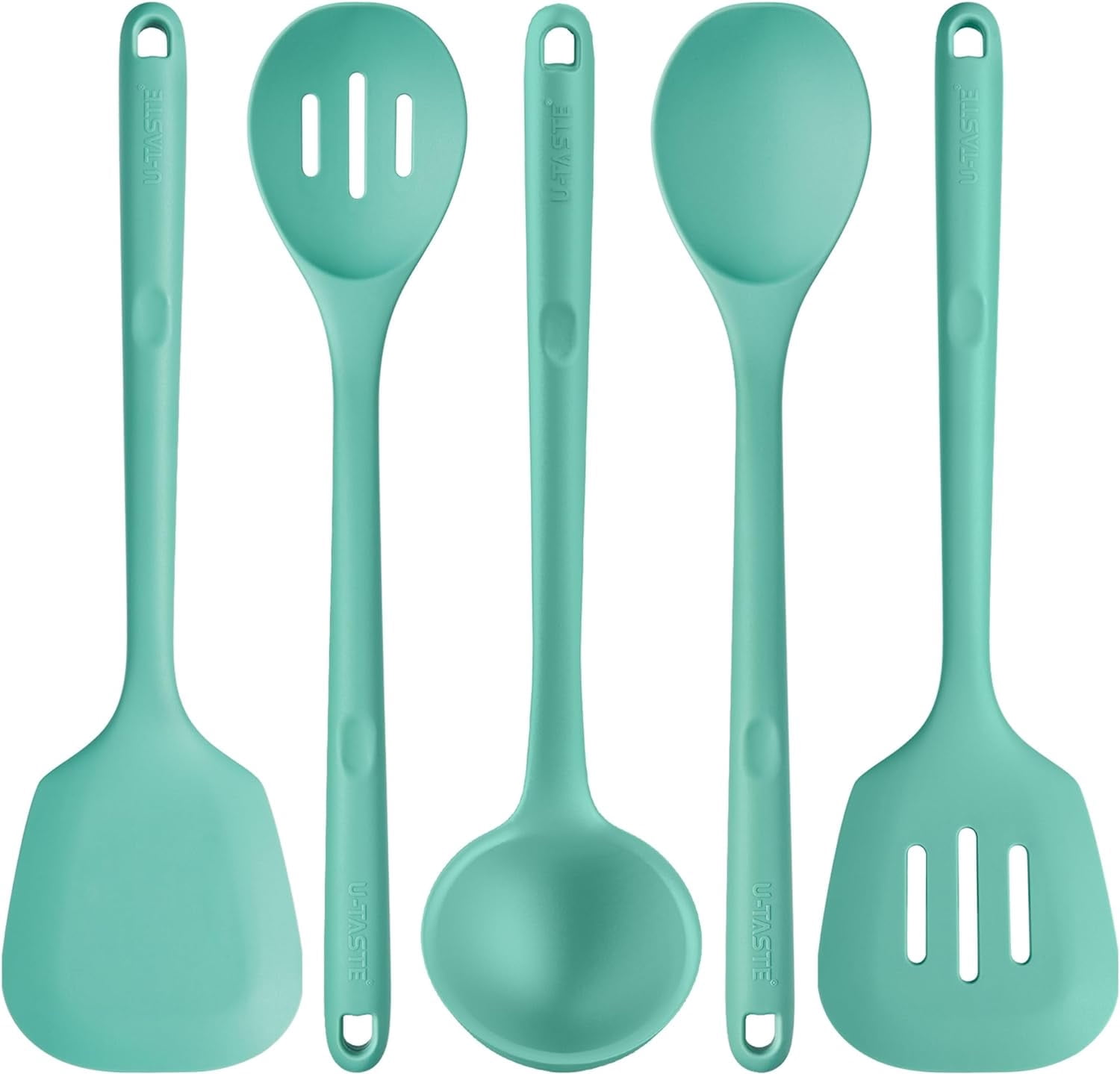 Silicone Kitchen Cooking Utensil Set: U-Taste 446°F Heat Resistant 13.6in Long Kitchen Gadget, BPA Free Non Stick Rubber Cook Accessories For Stir Fry, Serving, Basting, Mixing (5 Pieces, Aqua Sky)