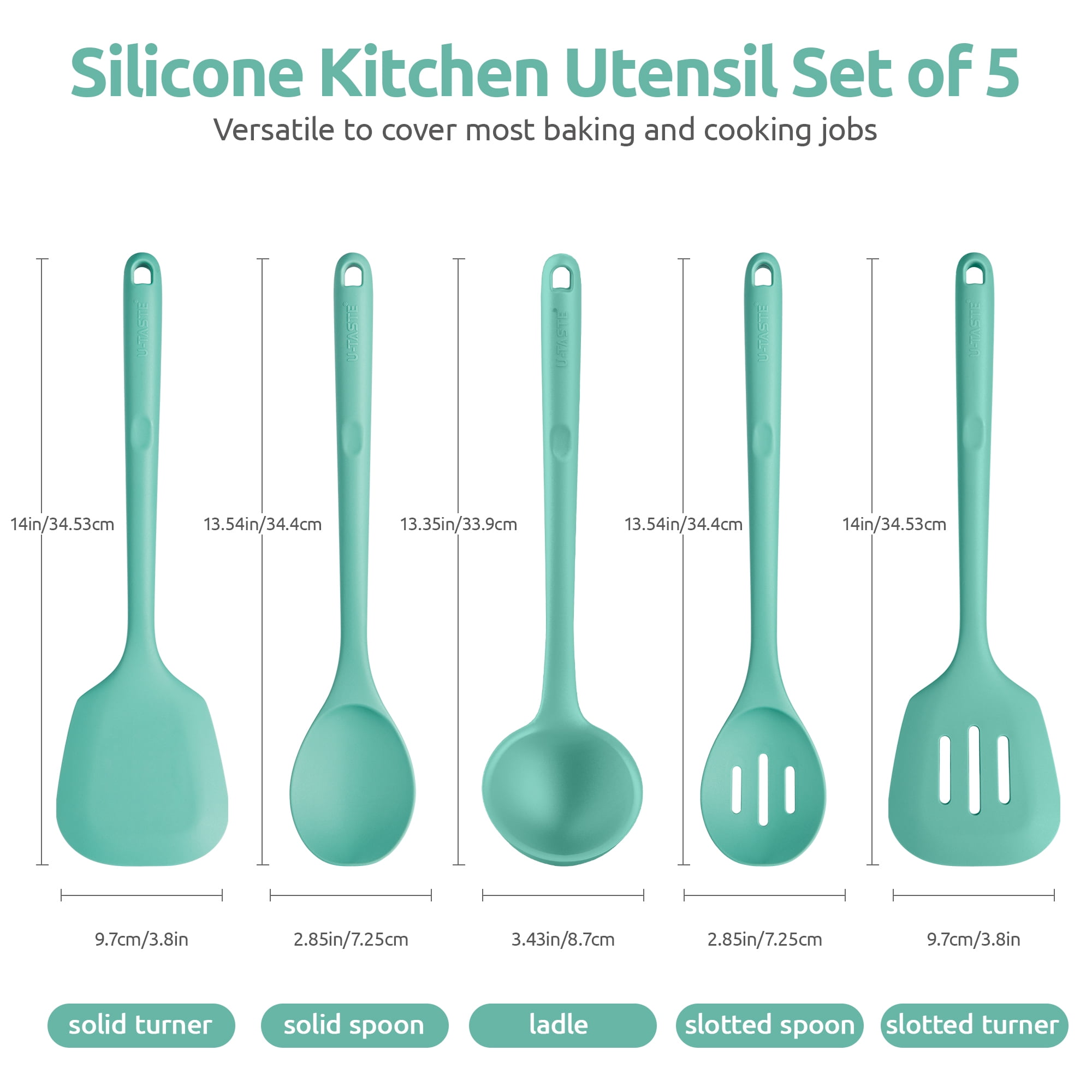 Silicone Kitchen Cooking Utensil Set: U-Taste 446°F Heat Resistant 13.6in Long Kitchen Gadget, BPA Free Non Stick Rubber Cook Accessories For Stir Fry, Serving, Basting, Mixing (5 Pieces, Aqua Sky) - Image 5