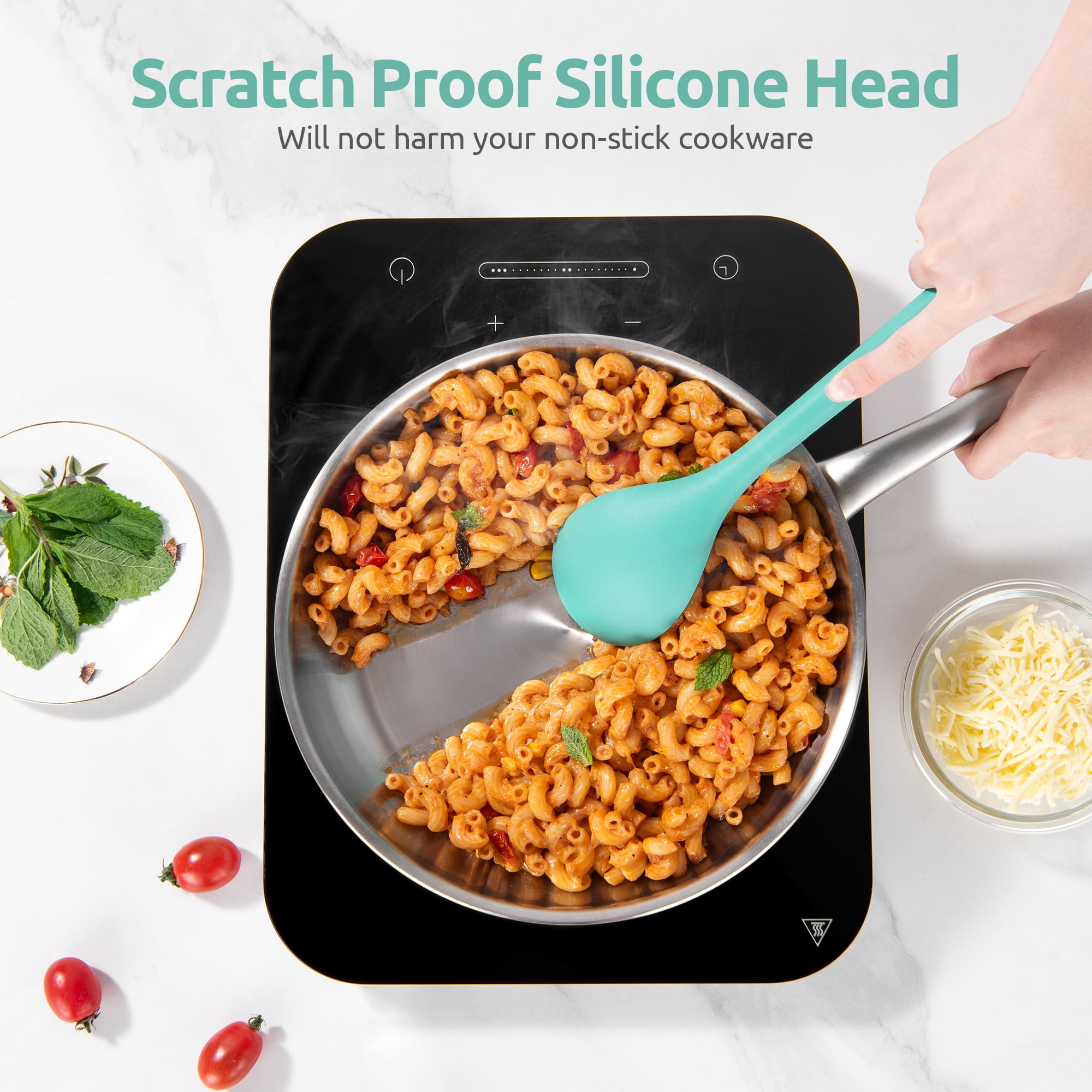 Silicone Kitchen Cooking Utensil Set: U-Taste 446°F Heat Resistant 13.6in Long Kitchen Gadget, BPA Free Non Stick Rubber Cook Accessories For Stir Fry, Serving, Basting, Mixing (5 Pieces, Aqua Sky) - Image 2