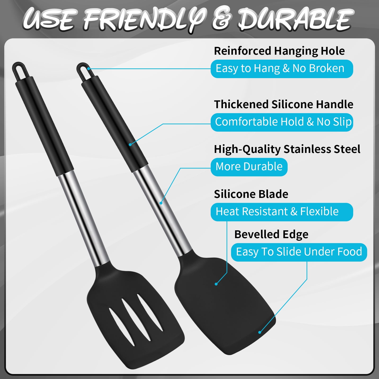 GYDEK Silicone Cooking Spatulas and Spoons, 4 Pack Heat Resistant Silicone Cooking Utensils Set, Non-stick Large Kitchen Silicone Spatula and Spoons for Cooking, Mixing, Serving, Draining(Black) - Image 4