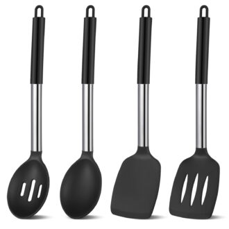 sixwipe 4-Pack Silicone Cooking Utensils Set - Heat Resistant Non-Stick Kitchen Spatula & Spoon Set, Large Soup Ladle, Slotted Spoon & Solid Turner for Mixing, Serving, Cooking