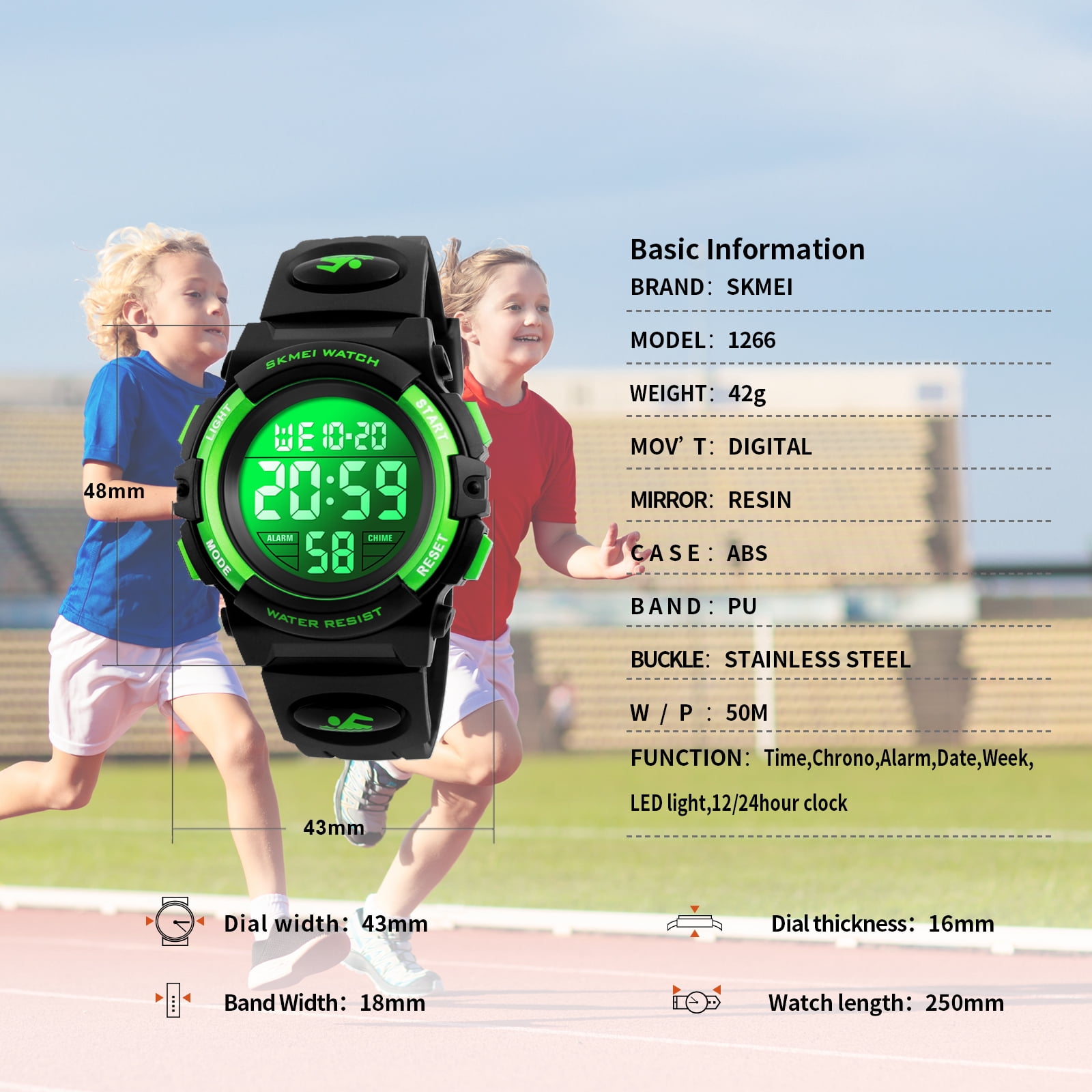 SKMEI Watch, Digital Sport Waterproof LED Watch with Alarm Stopwatch for Ages 5-7-10-12, PU Strap - Image 4