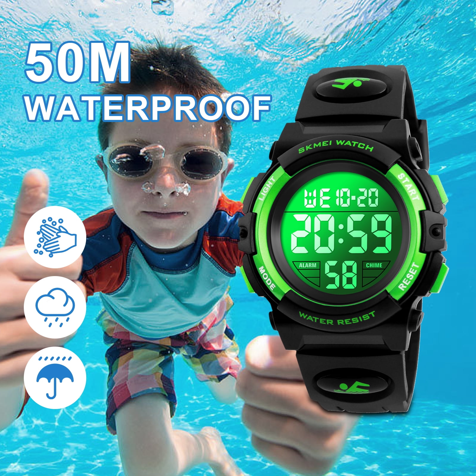 SKMEI Watch, Digital Sport Waterproof LED Watch with Alarm Stopwatch for Ages 5-7-10-12, PU Strap - Image 2