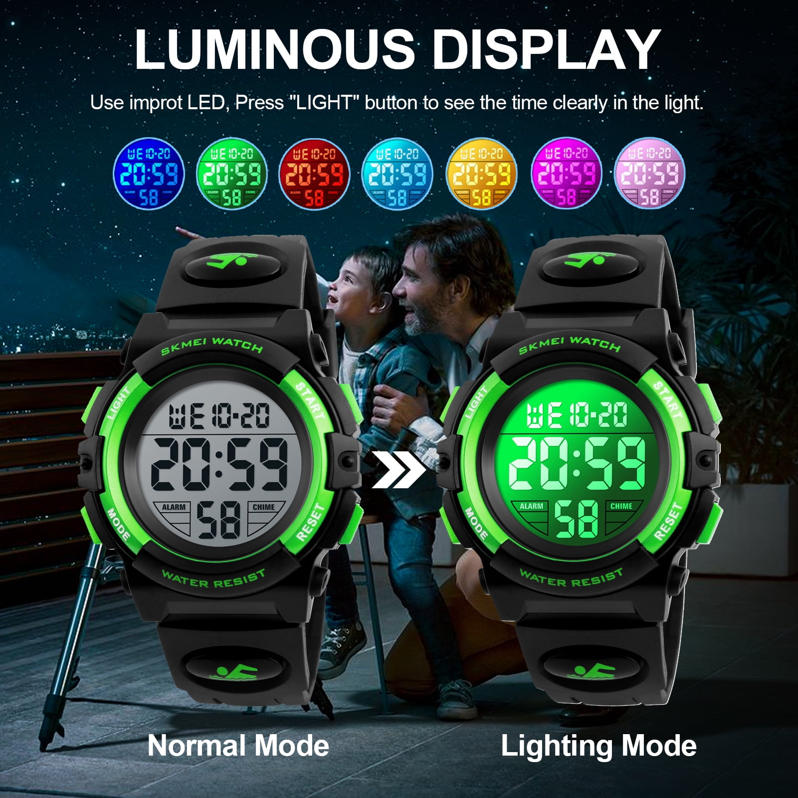 SKMEI Watch, Digital Sport Waterproof LED Watch with Alarm Stopwatch for Ages 5-7-10-12, PU Strap - Image 3
