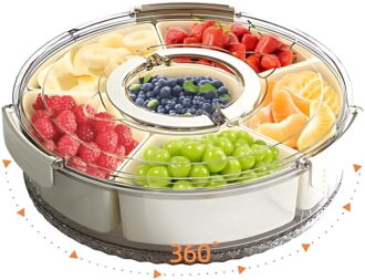 Small Divided Serving Tray with Lid and Handle, Stackable Snackle Box Container for Fruits Candy Organizer, Portable Spinning Rounded Veggie Tray for Kitchen, Party, Trave and Picnic-1 Pack