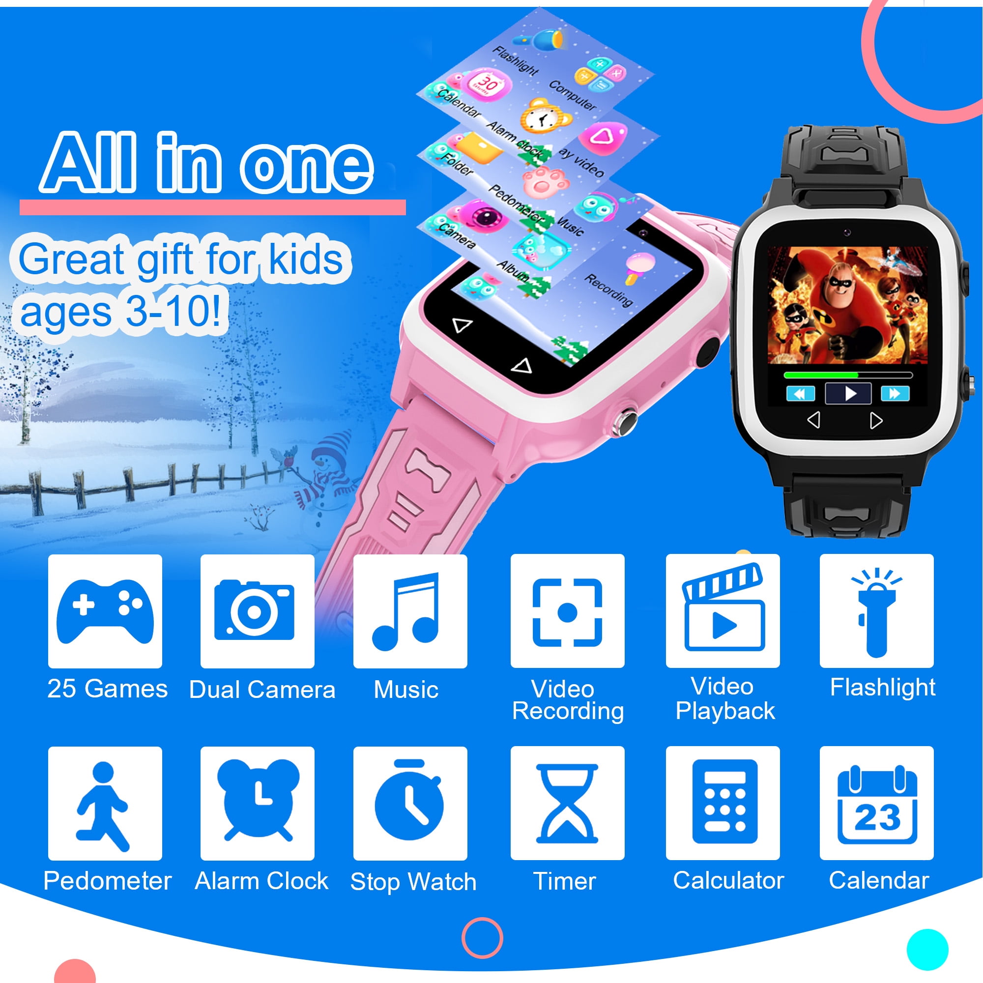 Smart Watch for Kids Boys Girls - Kids Toys for 3-10 Year Old, Toddler Watch with 25 Games Dual Camera Music Pedometer, Birthday Gifts for Boys 3 4 5 6 7 8 9 10 (Black) - Image 4