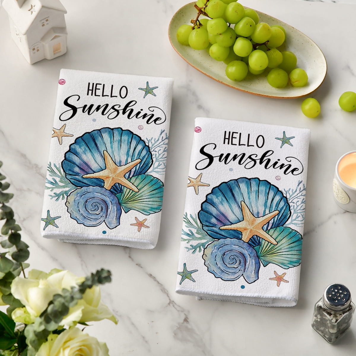 Sm:)e Hello Sunshine Shell Summer Kitchen Dish Towels 18x26 Inch Set of 2 - Image 2
