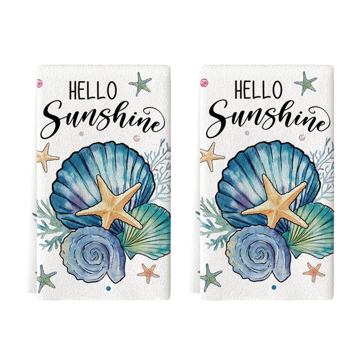 Sm:)e Hello Sunshine Shell Summer Kitchen Dish Towels 18x26 Inch Set of 2