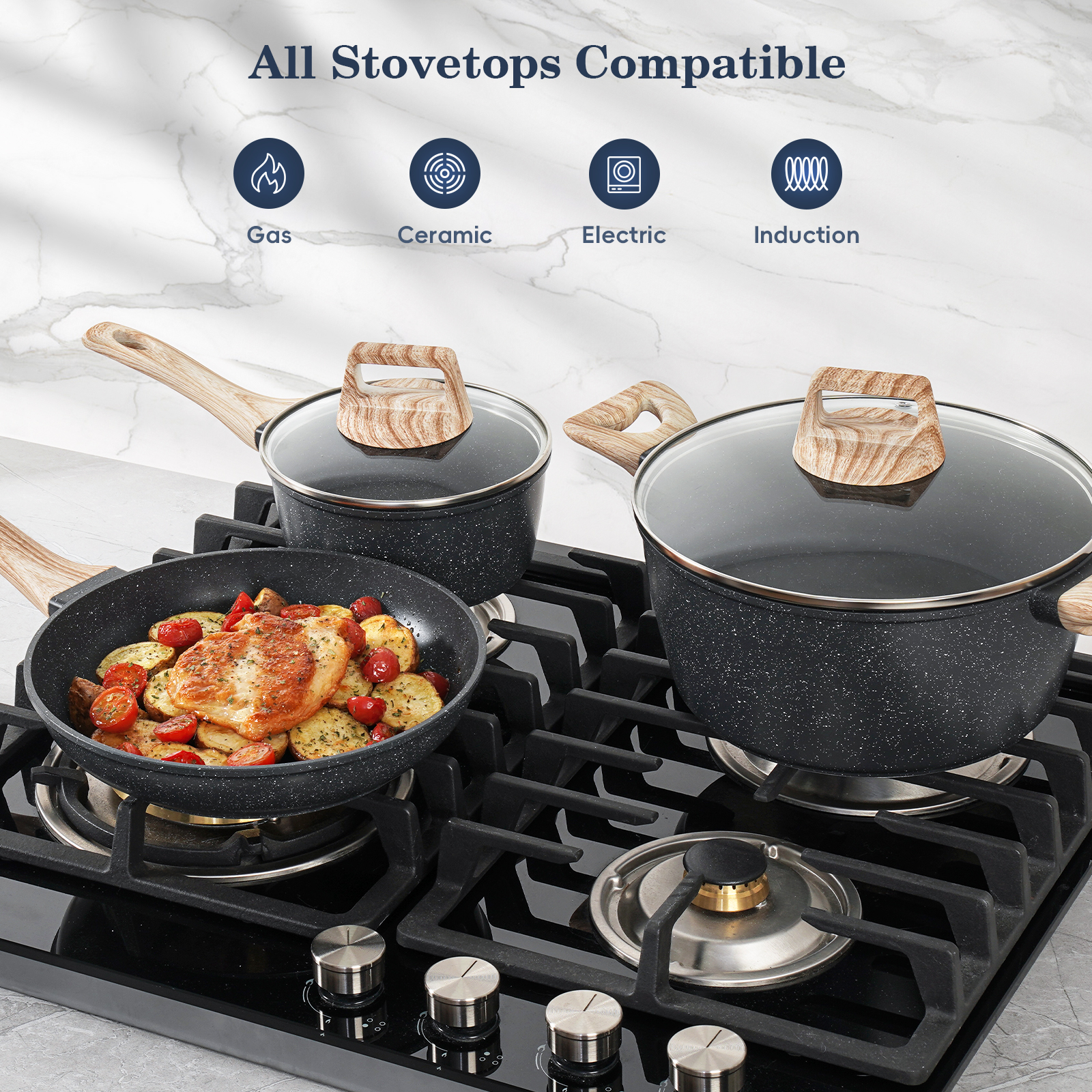 Soday 12 Piece Pots and Pans Set Granite Cookware Nonstick Skillet Frying Pan Kitchen Cooking Set,Black - Image 4