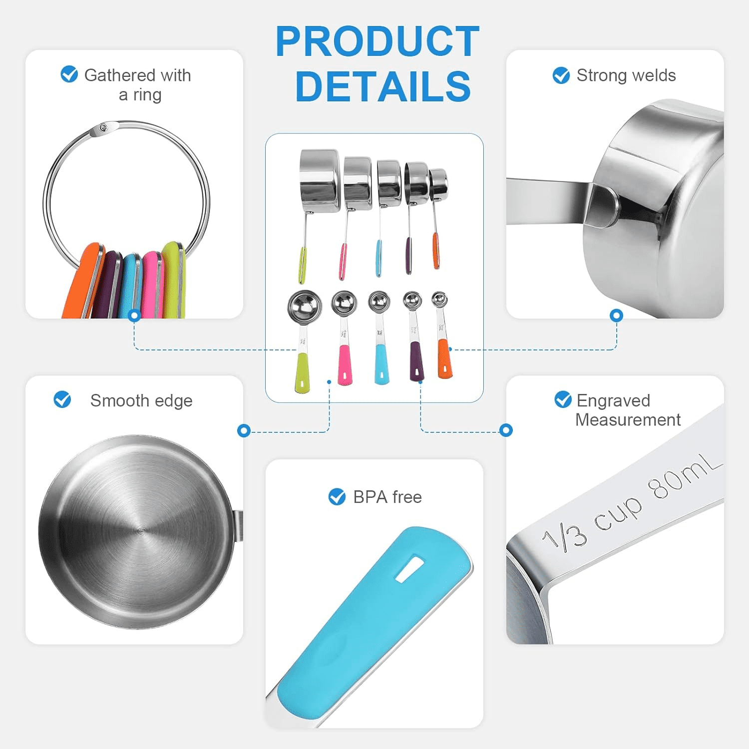 Stainless Steel Measuring Cups and Spoons Set of 15, 5 Stainless Steel Nesting Measuring Cups & 5 Spoons, 5 Mini Measuring Spoons Nesting Metal Measuring Cups Set with Soft Touch Silicone Handle - Image 2