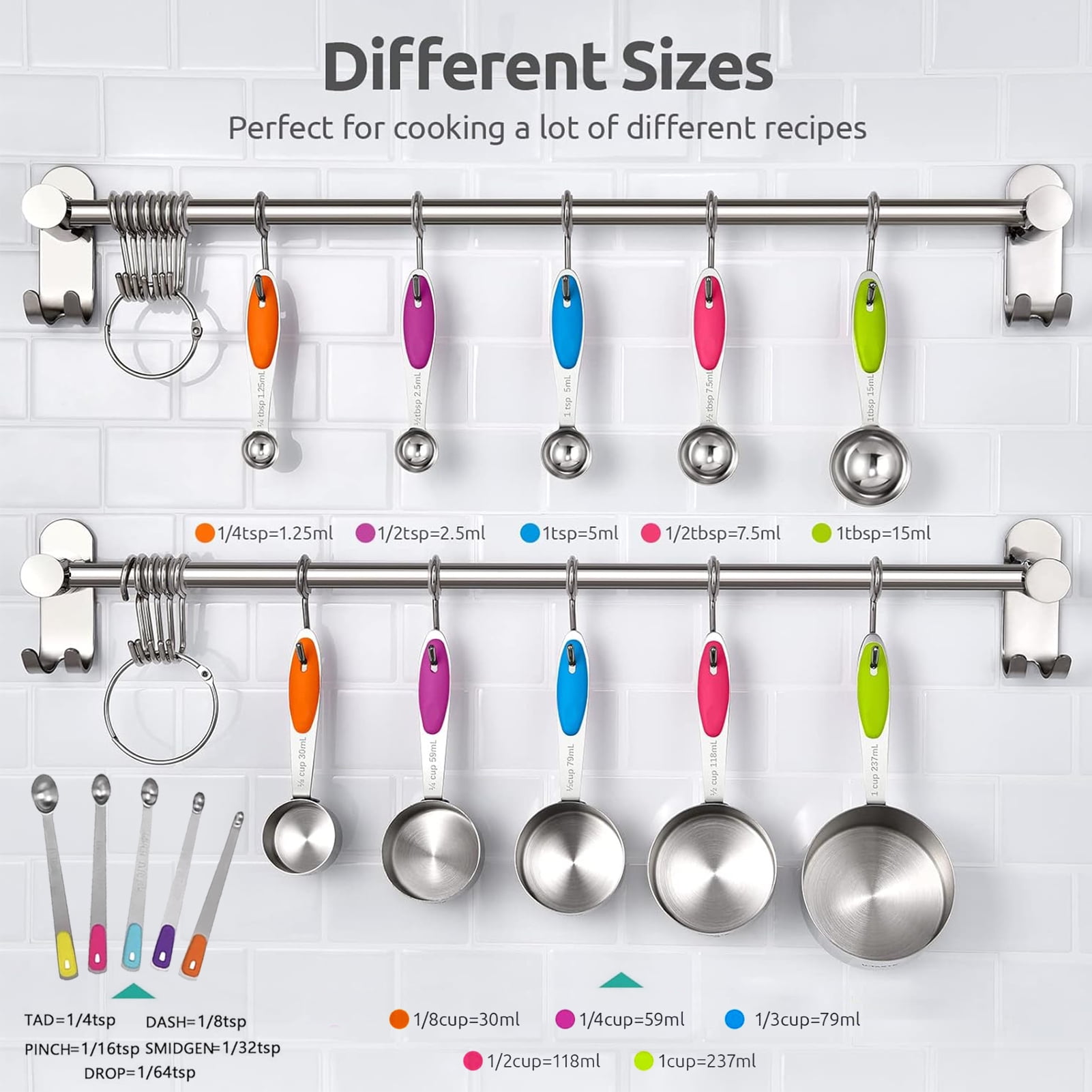 Stainless Steel Measuring Cups and Spoons Set of 15, 5 Stainless Steel Nesting Measuring Cups & 5 Spoons, 5 Mini Measuring Spoons Nesting Metal Measuring Cups Set with Soft Touch Silicone Handle - Image 5