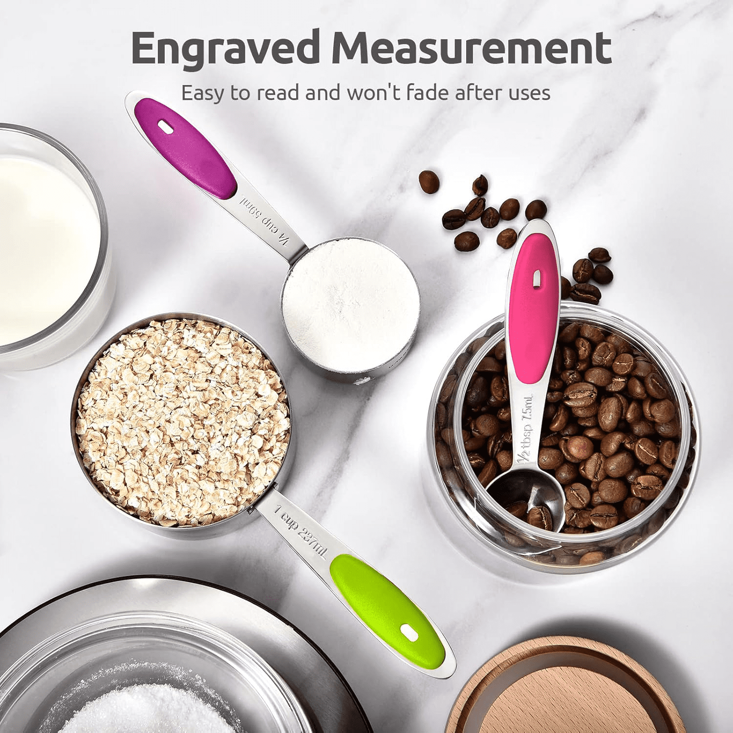 Stainless Steel Measuring Cups and Spoons Set of 15, 5 Stainless Steel Nesting Measuring Cups & 5 Spoons, 5 Mini Measuring Spoons Nesting Metal Measuring Cups Set with Soft Touch Silicone Handle - Image 3