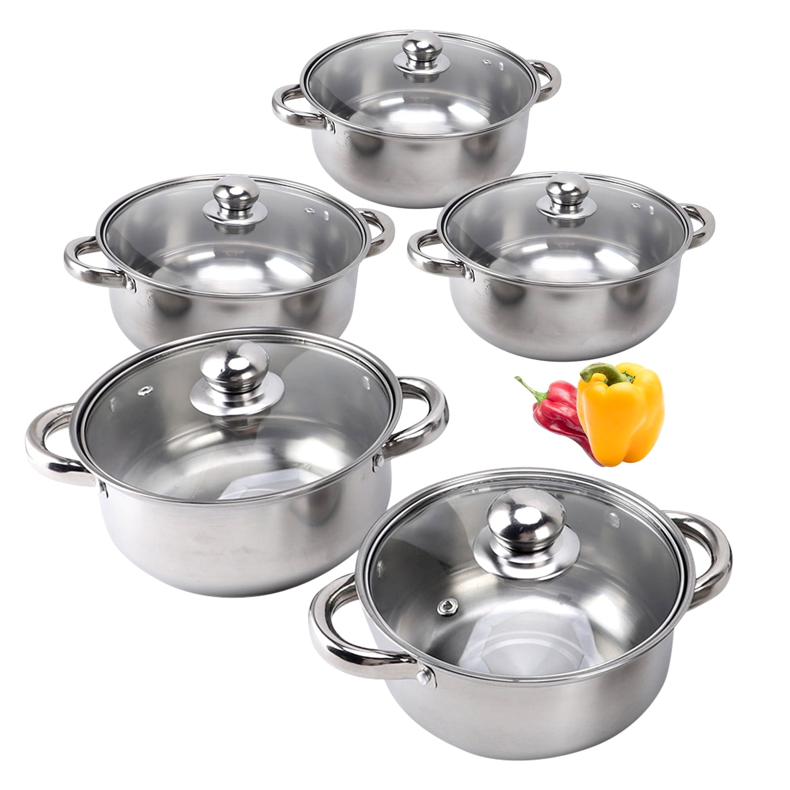 Stainless Steel Pots Sets 10-Piece, Kitchen Cookware Set Saucepan With Glass Lid Stockpot Soup Pot With 2 Ear Handle For Cooking Dishwasher , Silver