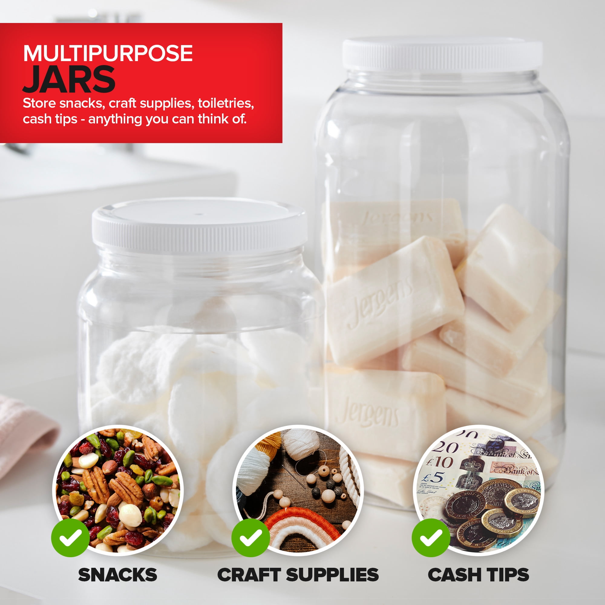 Stock Your Home 1 Gallon Clear Plastic Jars with Lids (2 Pack) 128 oz Wide Mouth Large Jar with Lid, Big Container for Candy, Cookies, Arts & Crafts, Bartender Money Tips, Kitchen & Pantry Storage - Image 2