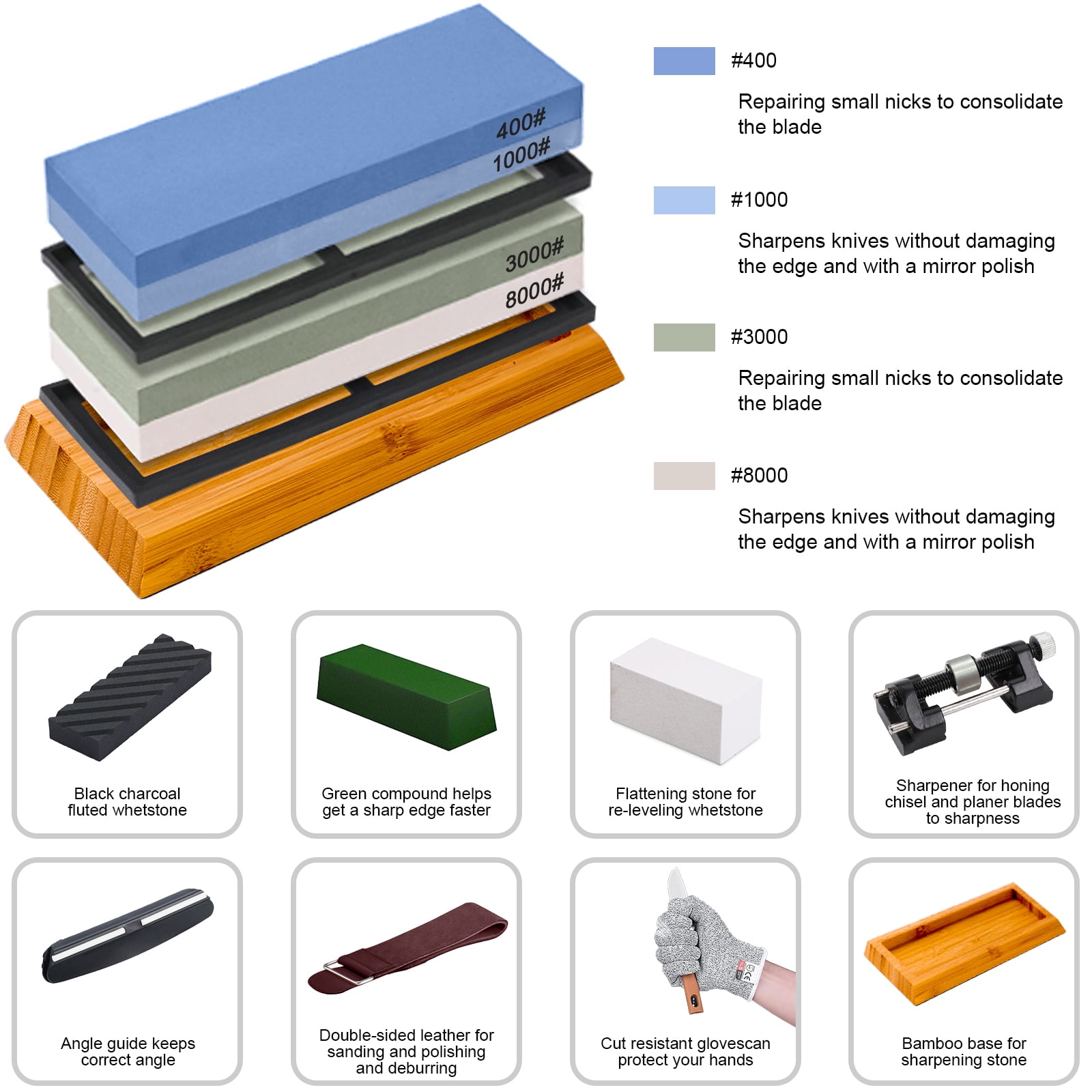 stusgo Knife Sharpening Stone Set - 2 Side Grit 400/1000 3000/8000 Kitchen Knife Sharpener Stone, Professional Kitchen Sharpener Stone Includes Non-Slip Rubber Bases, Flattening Stone - Image 2