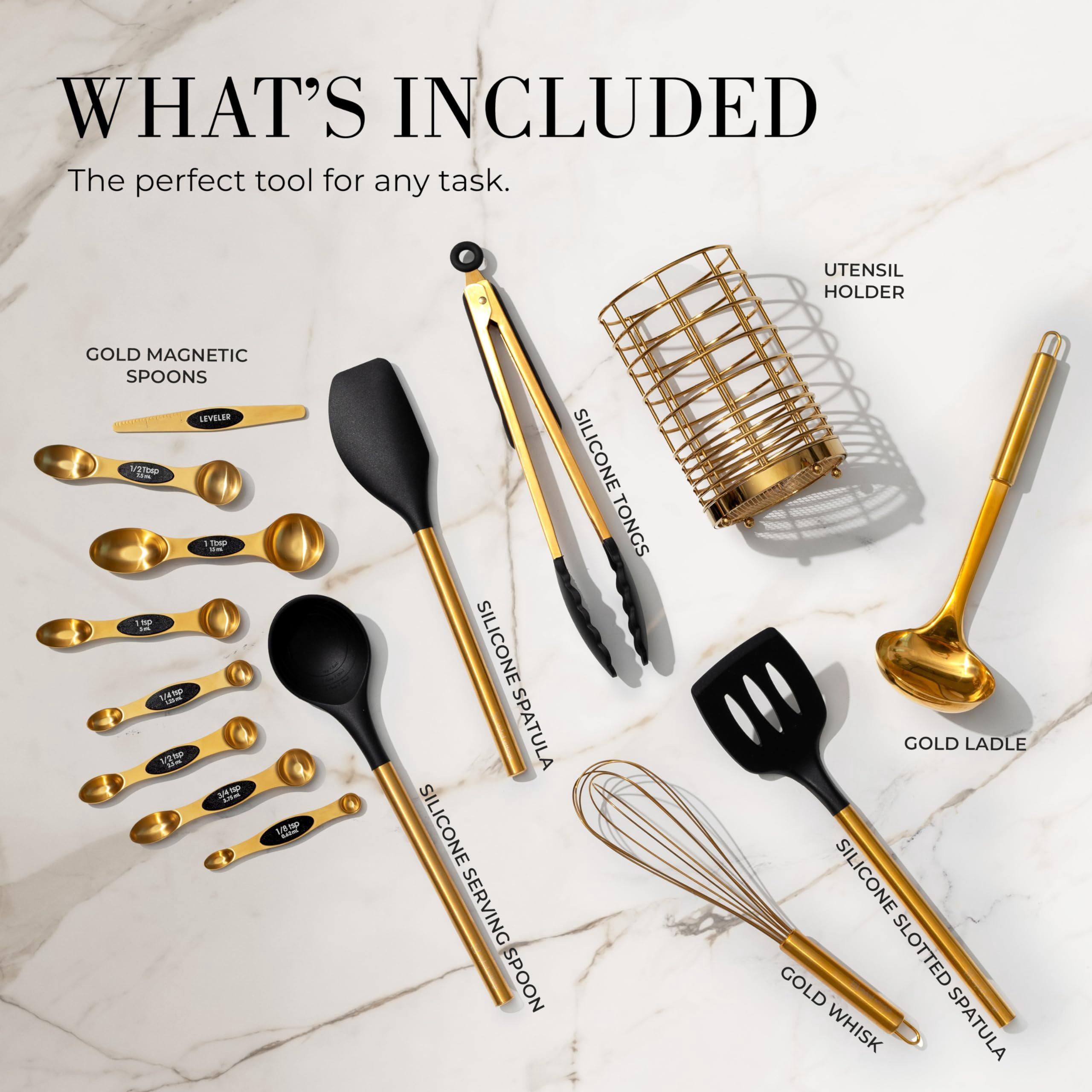Styled Settings Black and Gold Kitchen Utensils Set - 15 Piece Set Includes Gold and Black Silicone Cooking Utensils with Gold Utensil Holder and Gold Magnetic Measuring Spoons - Gold Kitchen Set - Image 5
