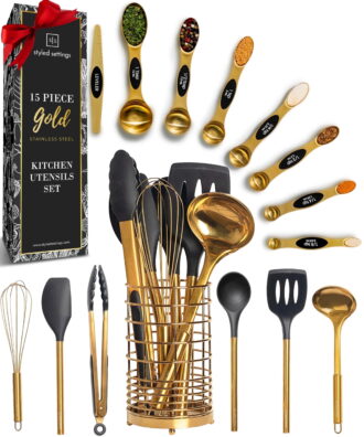 Styled Settings Black and Gold Kitchen Utensils Set - 15 Piece Set Includes Gold and Black Silicone Cooking Utensils with Gold Utensil Holder and Gold Magnetic Measuring Spoons - Gold Kitchen Set