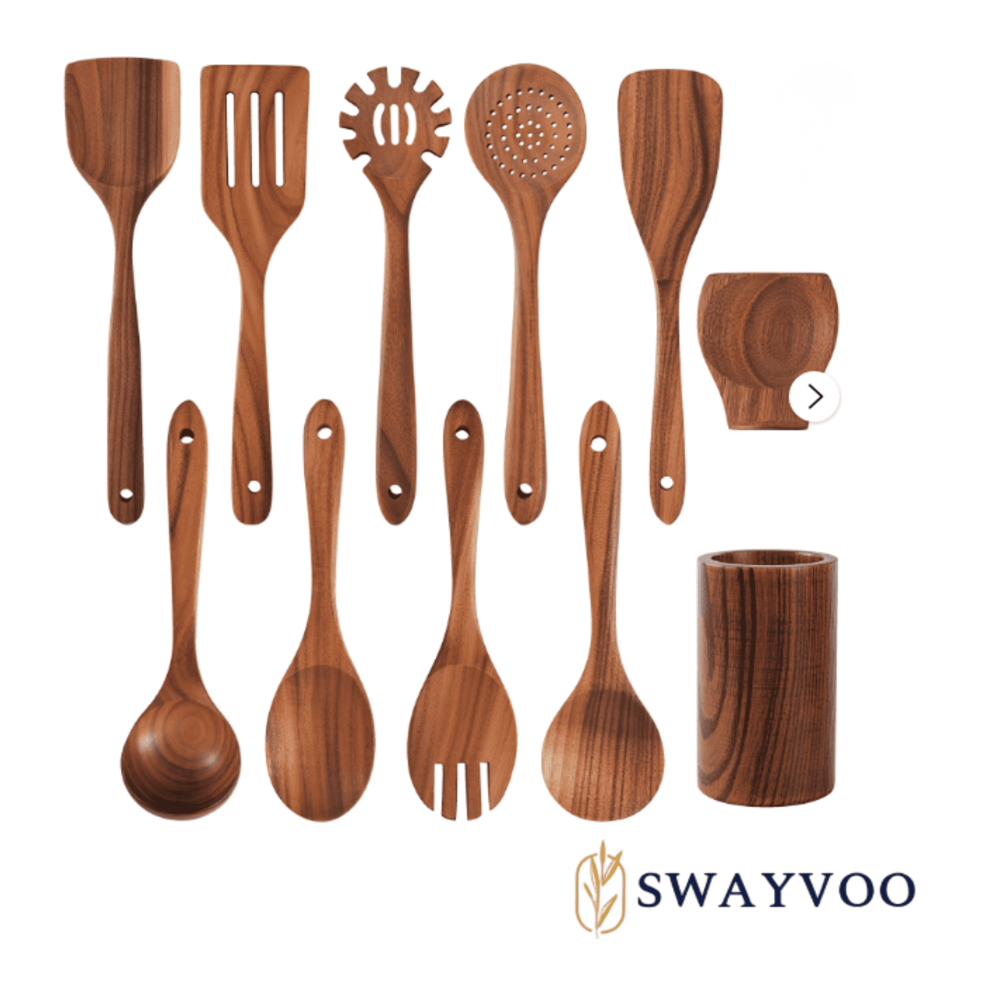 Swayvoo Wooden Spoons for Cooking — 11-Piece 100% Natural Teak Kitchen Utensil Set with Holder and Spoon Rest, Heat Resistant Serving Spoons, BPA-Free, Non-Stick Safe, Gift-Ready - Image 2