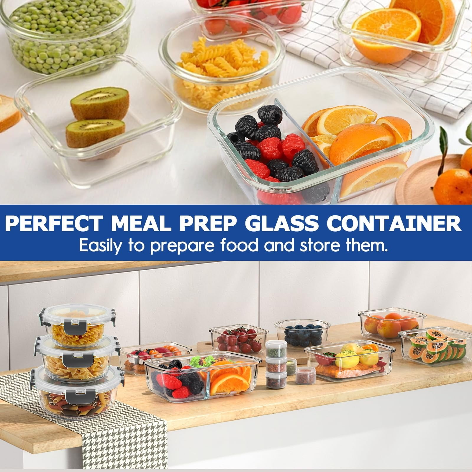 TAIMASI 42 Pcs Glass Food Storage Containers Set with Snap Locking Lids, 21 Containers & 21 Lids, Glass Meal Prep Lunch Box Containers, Grey - Image 4
