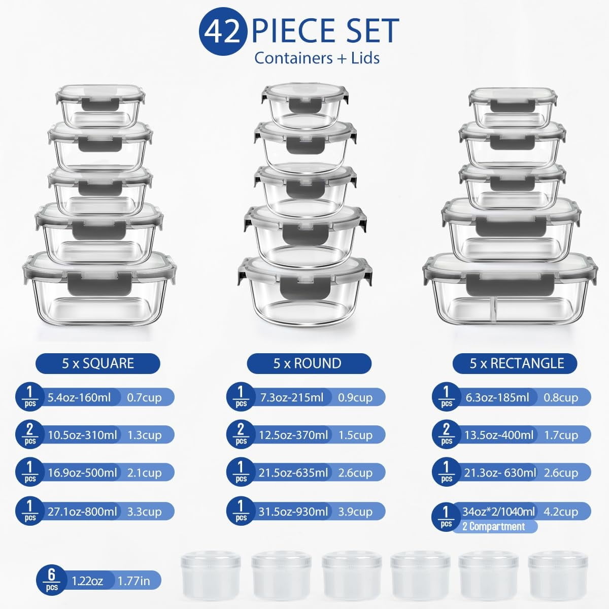 TAIMASI 42 Pcs Glass Food Storage Containers Set with Snap Locking Lids, 21 Containers & 21 Lids, Glass Meal Prep Lunch Box Containers, Grey - Image 3