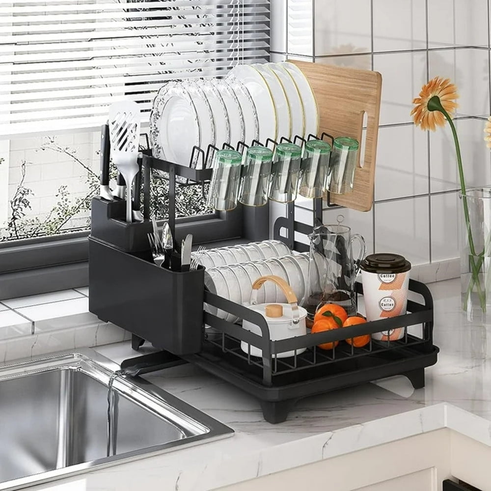TEAFIRST 2 Tier Dish Drying Rack, Large Dish Rack and Drainboard for Kitchen Counter, 10.5'', Black - Image 5
