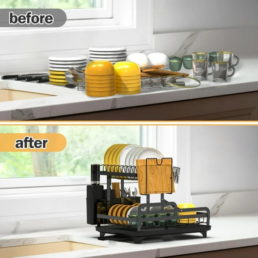 TEAFIRST 2 Tier Dish Drying Rack, Large Dish Rack and Drainboard for Kitchen Counter, 10.5'', Black - Image 2