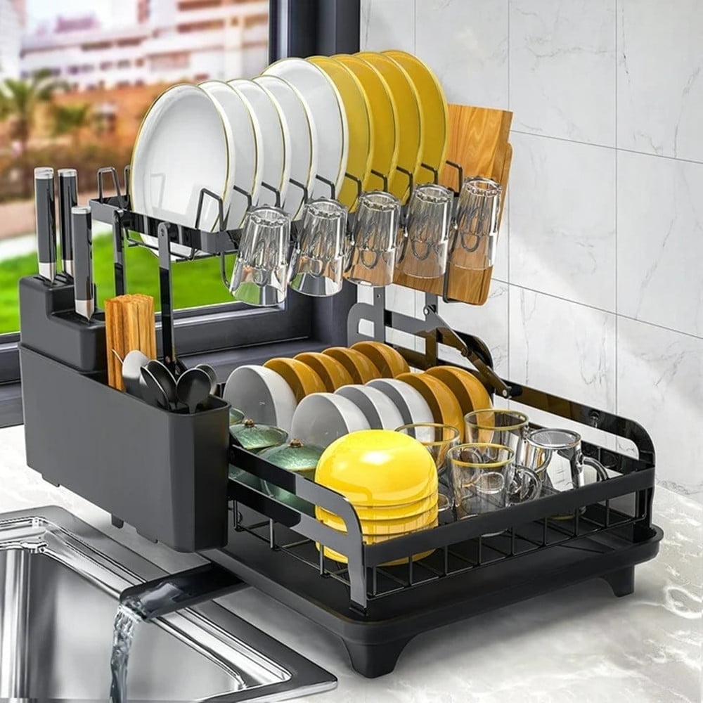TEAFIRST 2 Tier Dish Drying Rack, Large Dish Rack and Drainboard for Kitchen Counter, 10.5'', Black