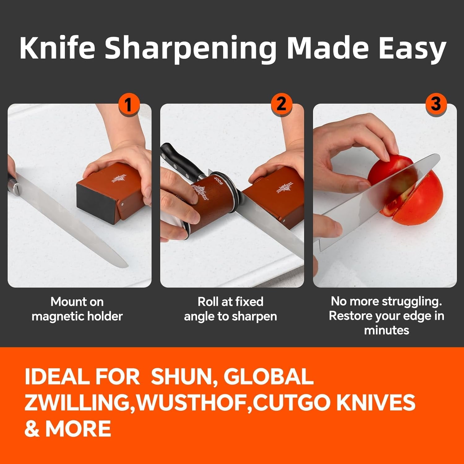 The Innovative Knife Sharpener - Patented Multi-Angle Premium Rolling with Extra Replacement Head for Chef's, Fruit, and All Steel Knives (Brown) - Image 3