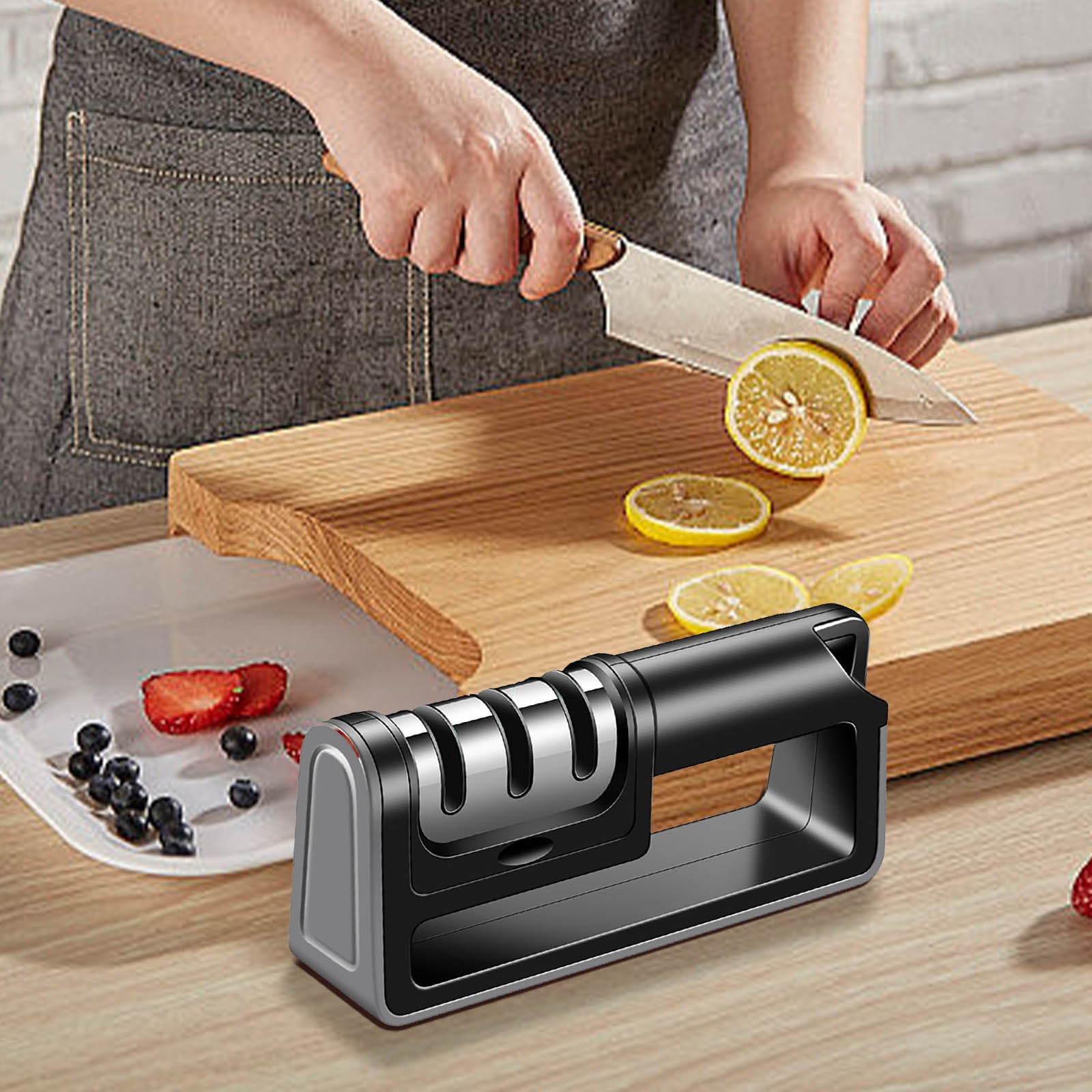 Three-in-One Knife Sharpener | 3-Stage Multi-Functional Sharpening System | Ergonomic ABS Stainless Steel Rod | Ceramic & Steel Wheels | Fits Kitchen & Fruit Knives | 18.5x8.5x4.5cm | 1 Pack