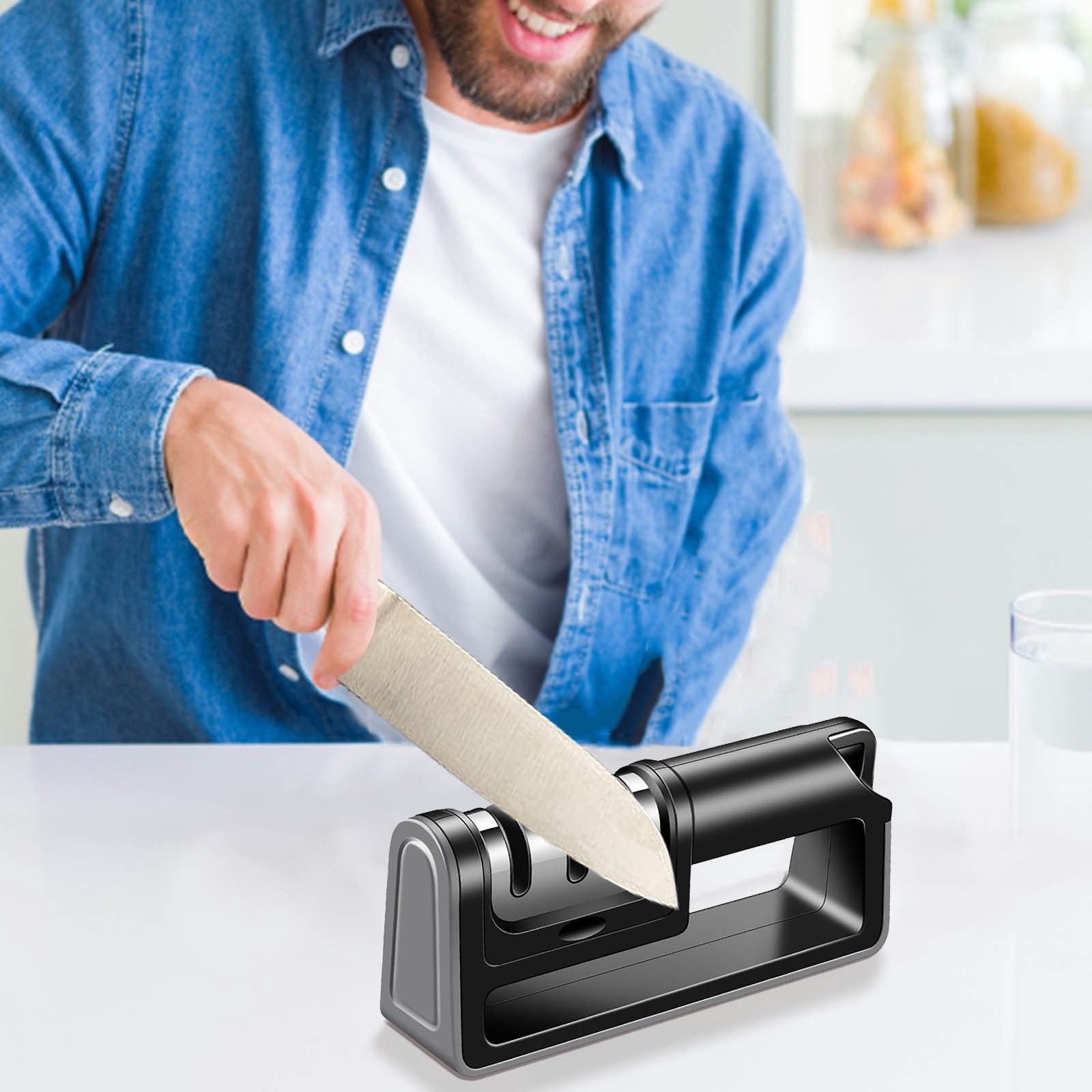 Three-in-One Knife Sharpener | 3-Stage Multi-Functional Sharpening System | Ergonomic ABS Stainless Steel Rod | Ceramic & Steel Wheels | Fits Kitchen & Fruit Knives | 18.5x8.5x4.5cm | 1 Pack - Image 4
