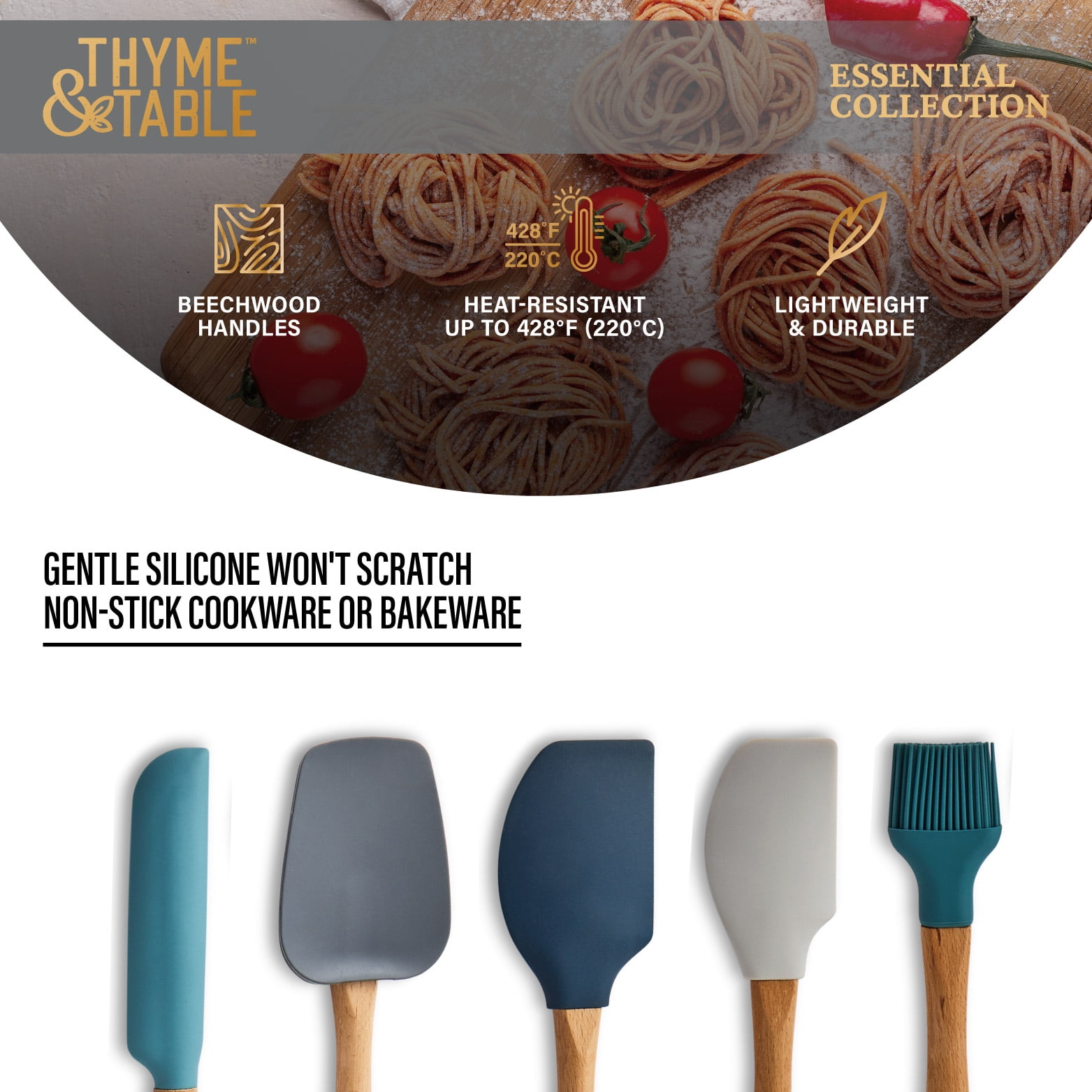 Thyme & Table 5-Piece Silicone Kitchen Utensil Set with Beechwood Handles - Image 2