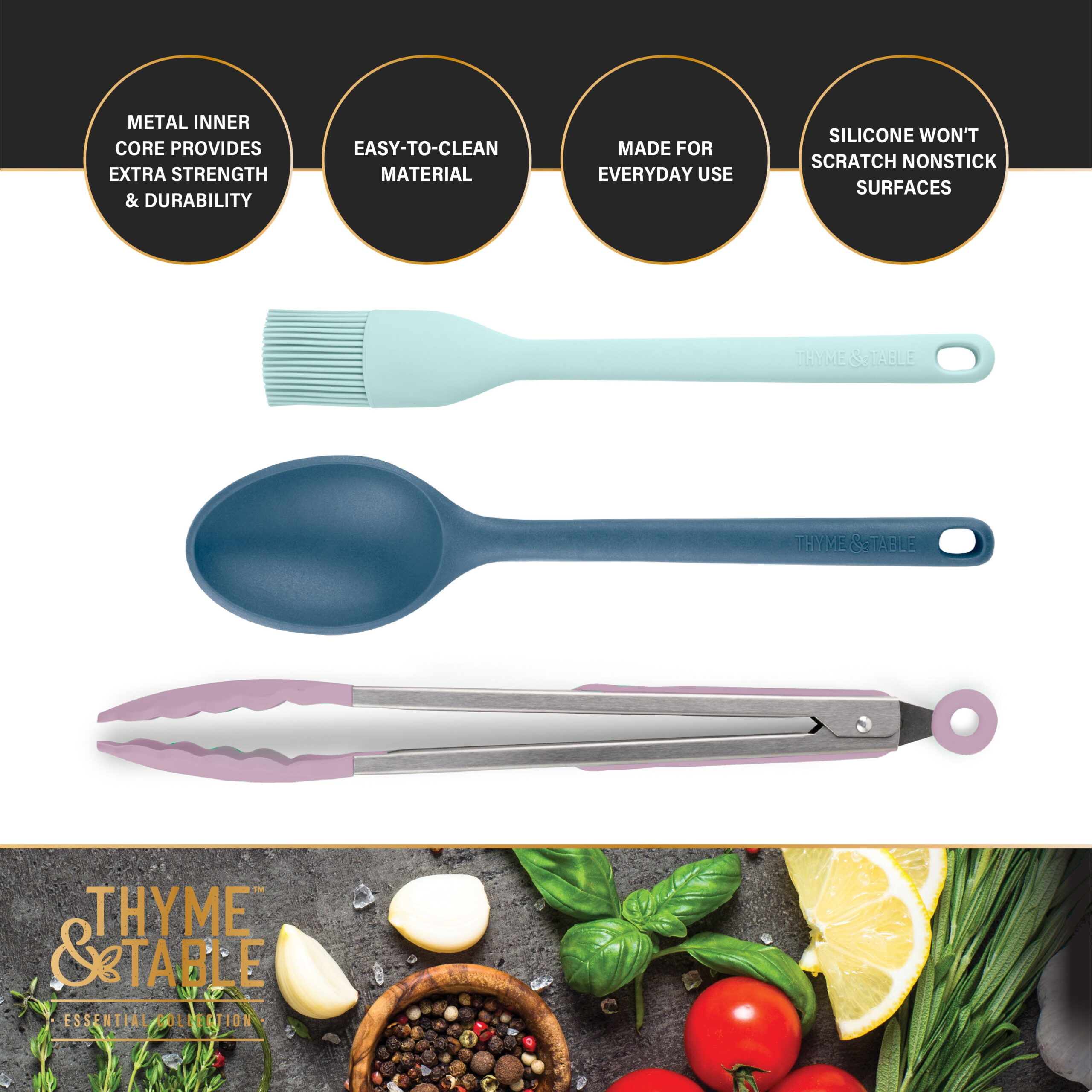 Thyme & Table Silicone Utensils, 5-Piece Set, Tongs, Basting Brush, Spatula, Turner, Spoon - Image 5