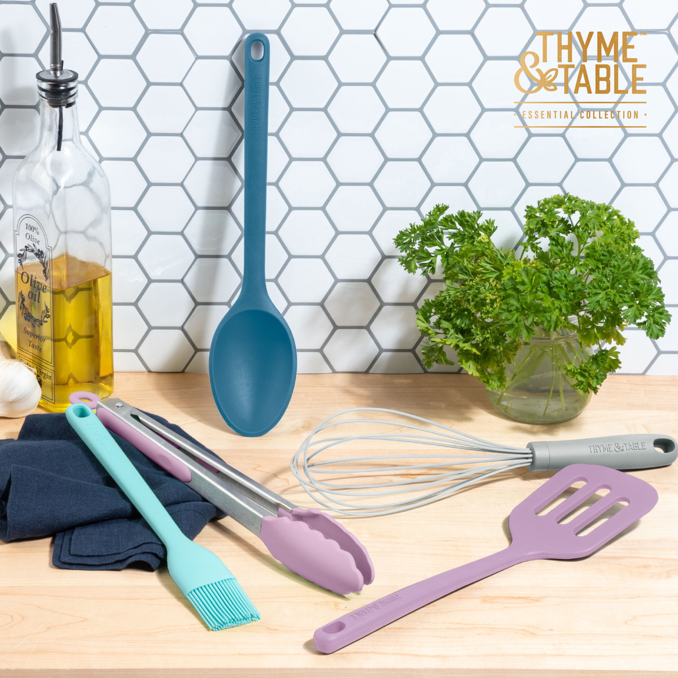 Thyme & Table Silicone Utensils, 5-Piece Set, Tongs, Basting Brush, Spatula, Turner, Spoon - Image 2
