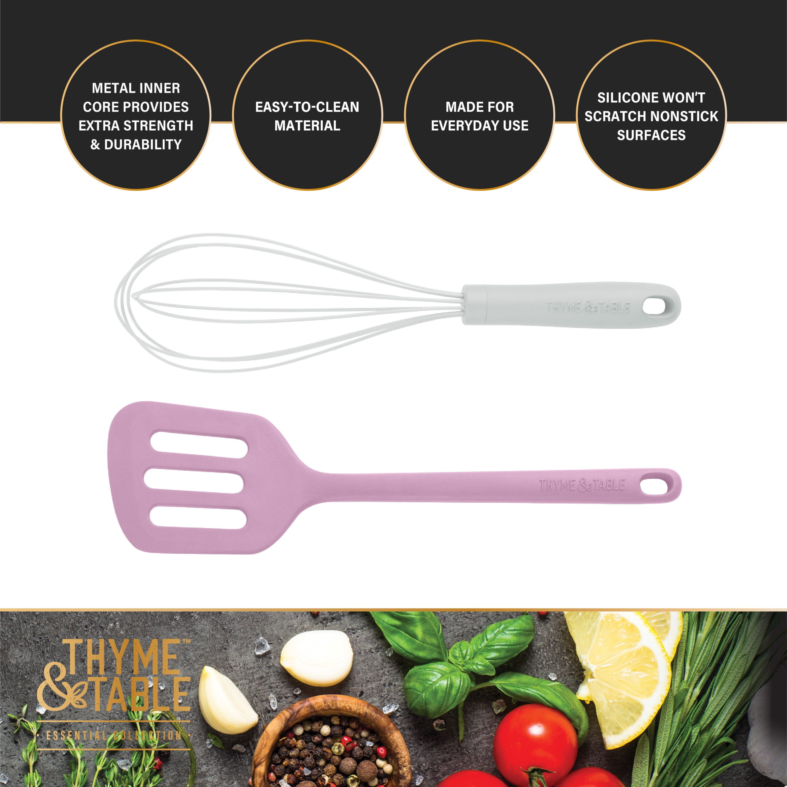 Thyme & Table Silicone Utensils, 5-Piece Set, Tongs, Basting Brush, Spatula, Turner, Spoon - Image 4